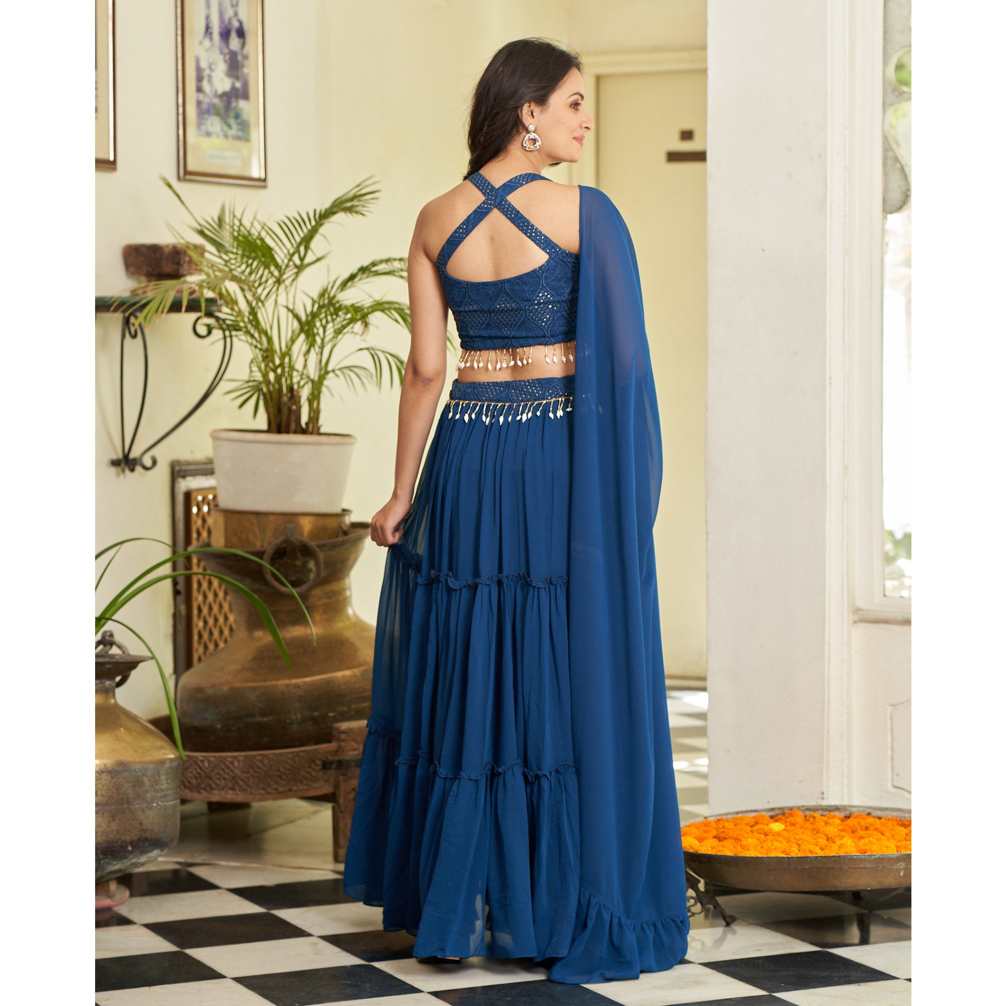 Blue Embroidered Georgette Lehenga Choli