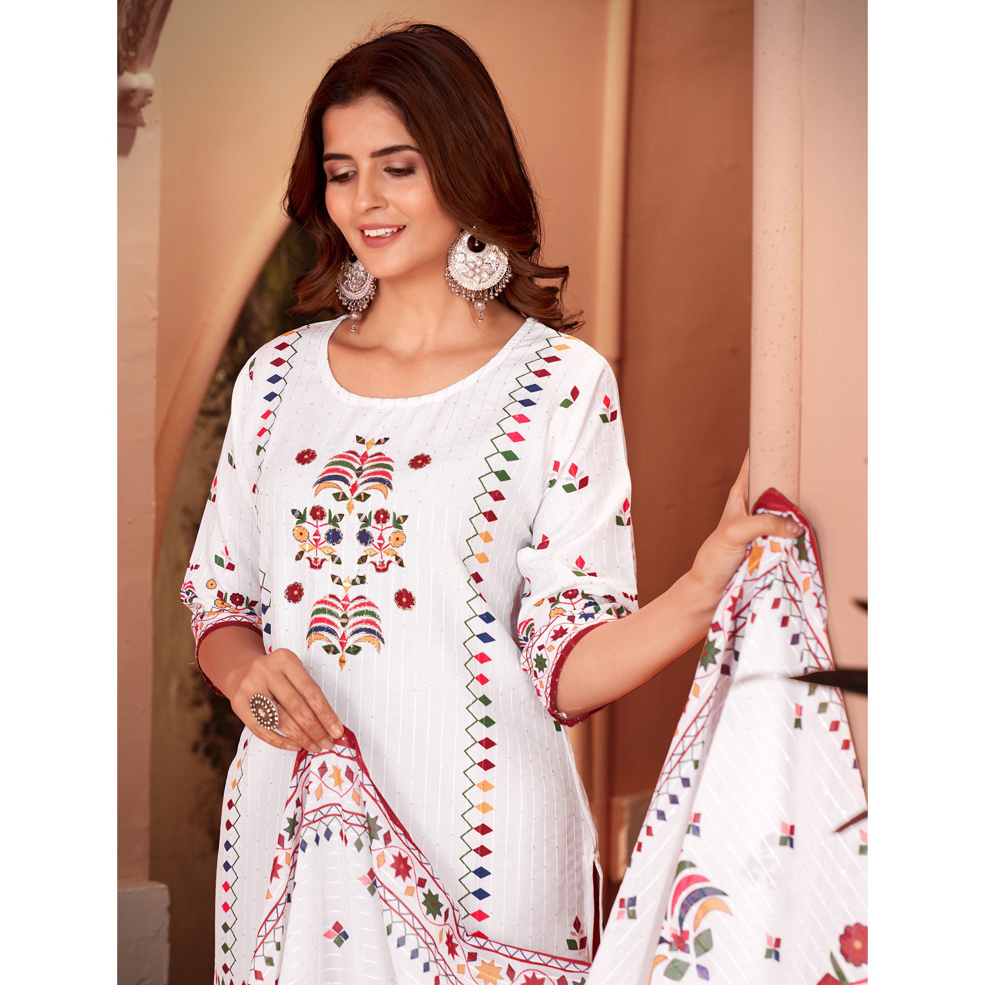 White & Maroon Embroidered With Printed Rayon Salwar Suit