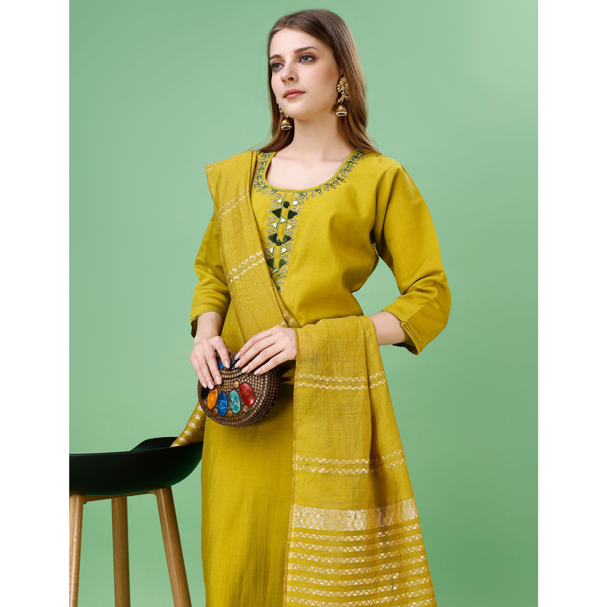 Mehendi Green Mirror Embroidered Viscose Salwar Suit