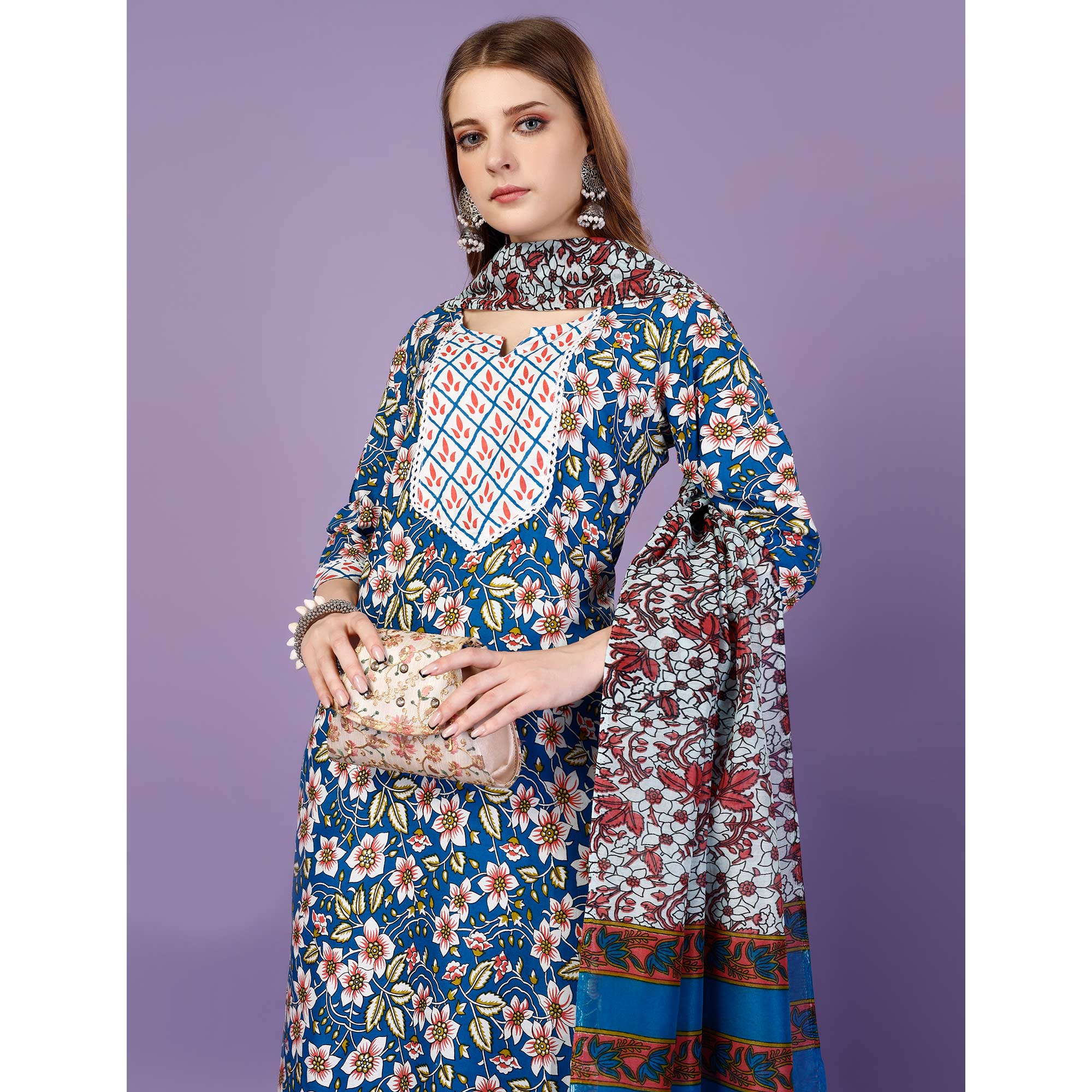 Blue Floral Printed Viscose Salwar Suit