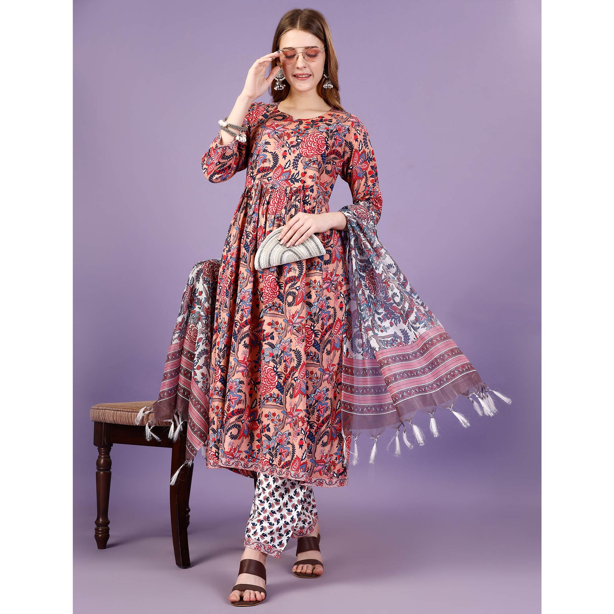 Peach Floral Printed Viscose Anarkali Salwar Suit