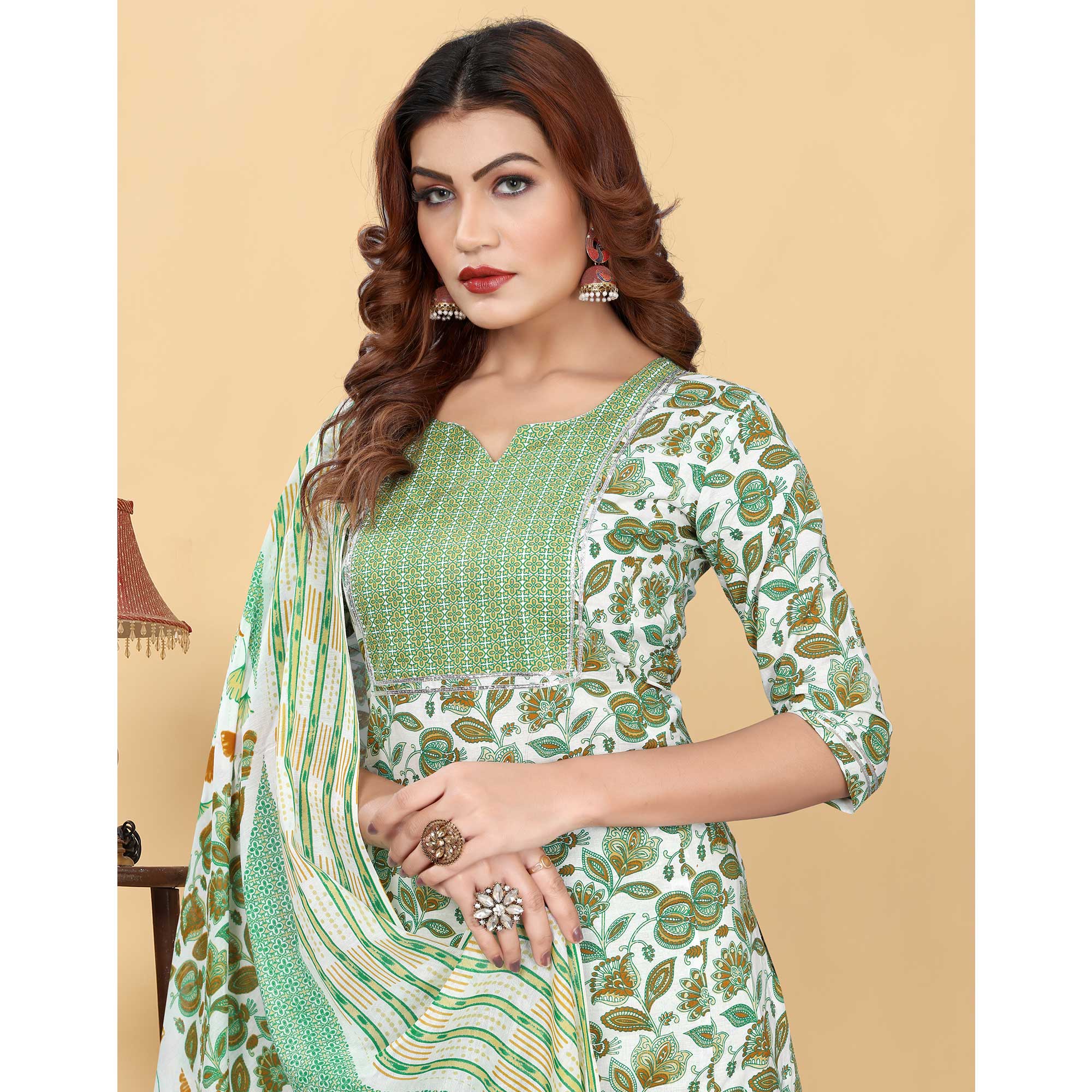 Light Green Floral Printed Cotton Blend Salwar Suit
