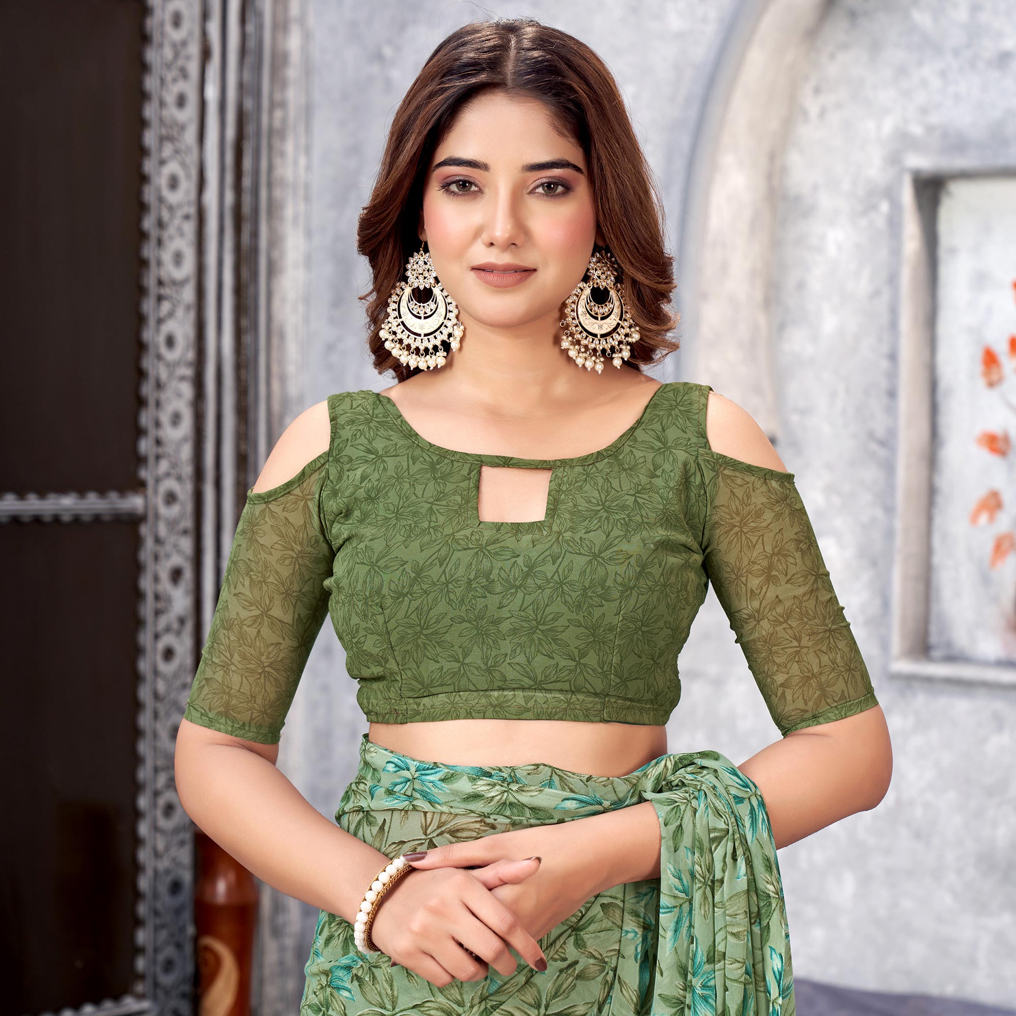 Green Floral Printed Georgette Saree
