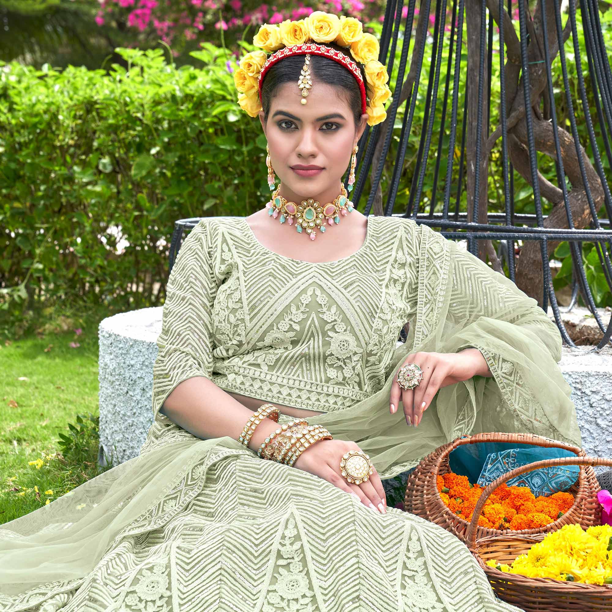 Green Sequins Floral Embroidered Net Semi Stitched Lehenga Choli