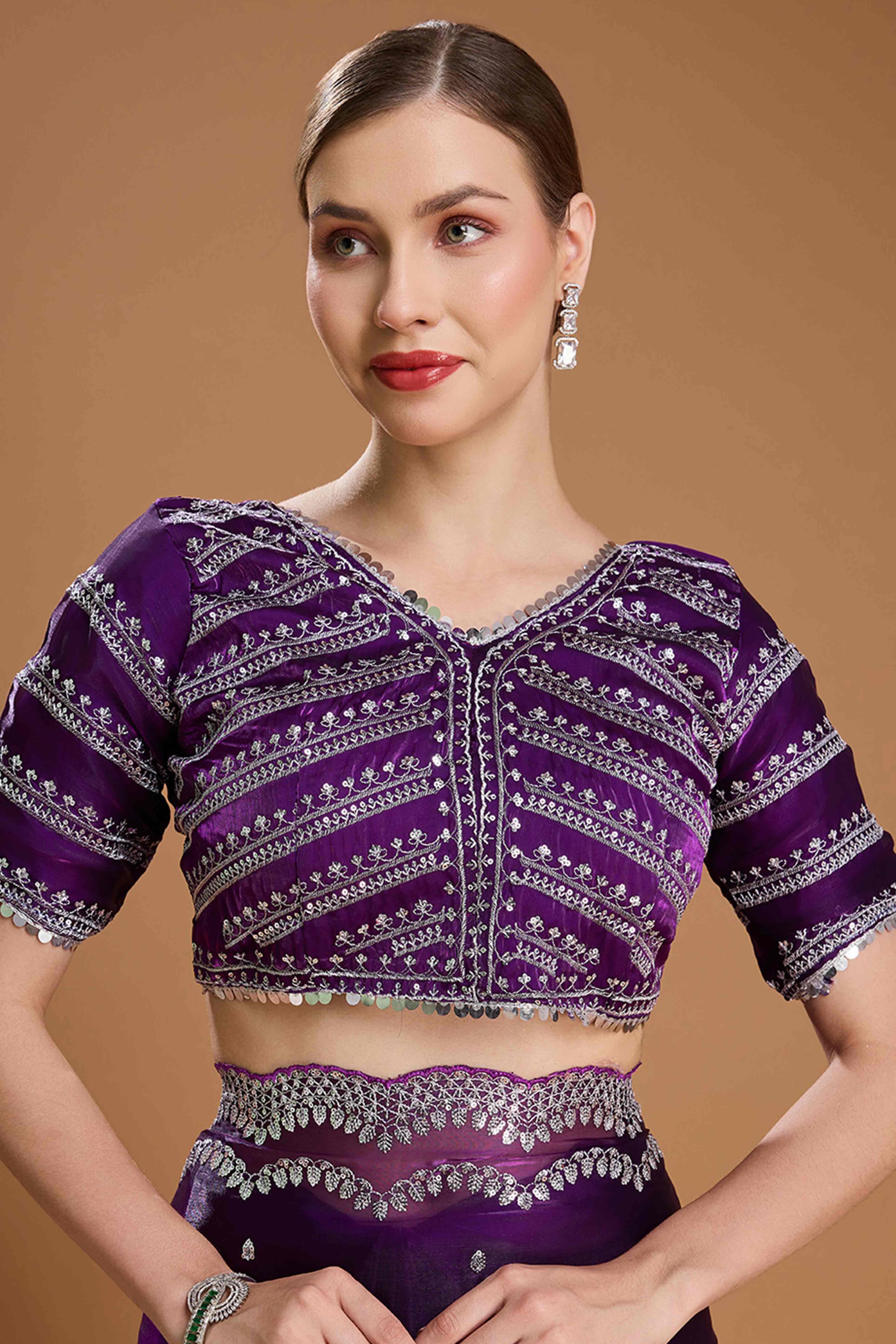Dark Purple Embroidered Saree in Organza with Sequins Accents