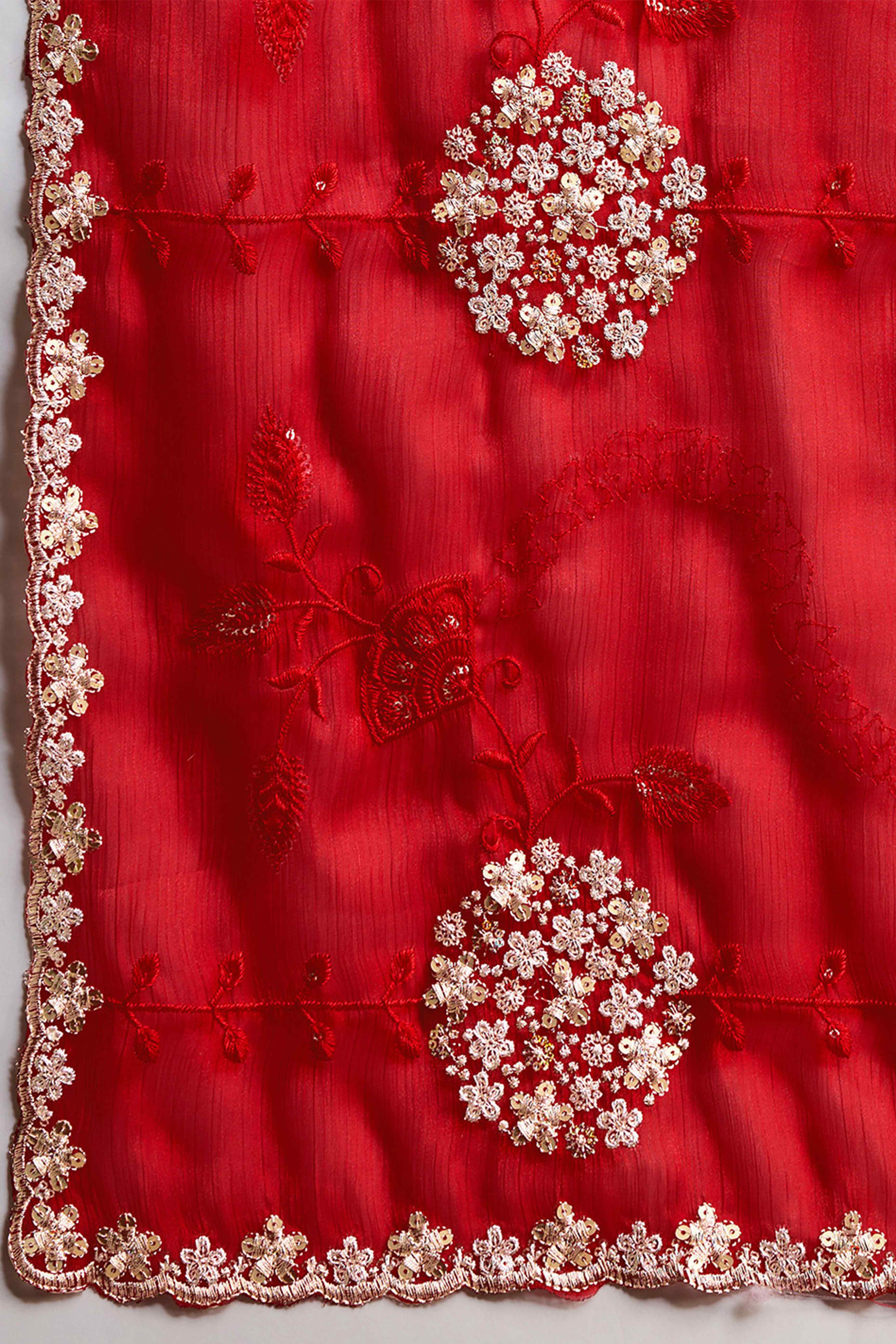 Red Floral Design Organza Saree with Glittering Sequins Embroidery