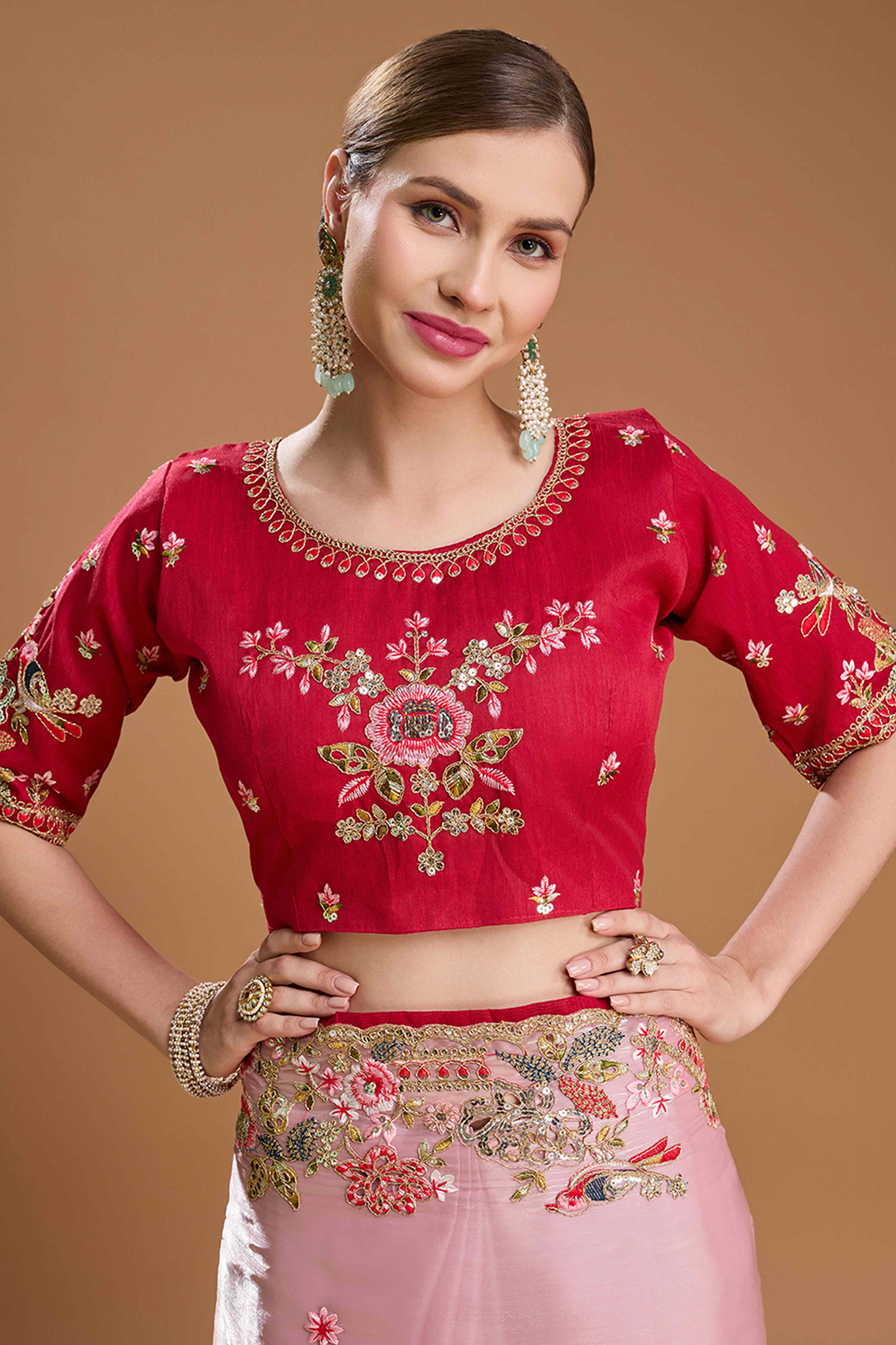 Light Peach Floral Design Organza Saree with Glittering Sequins Embroidery