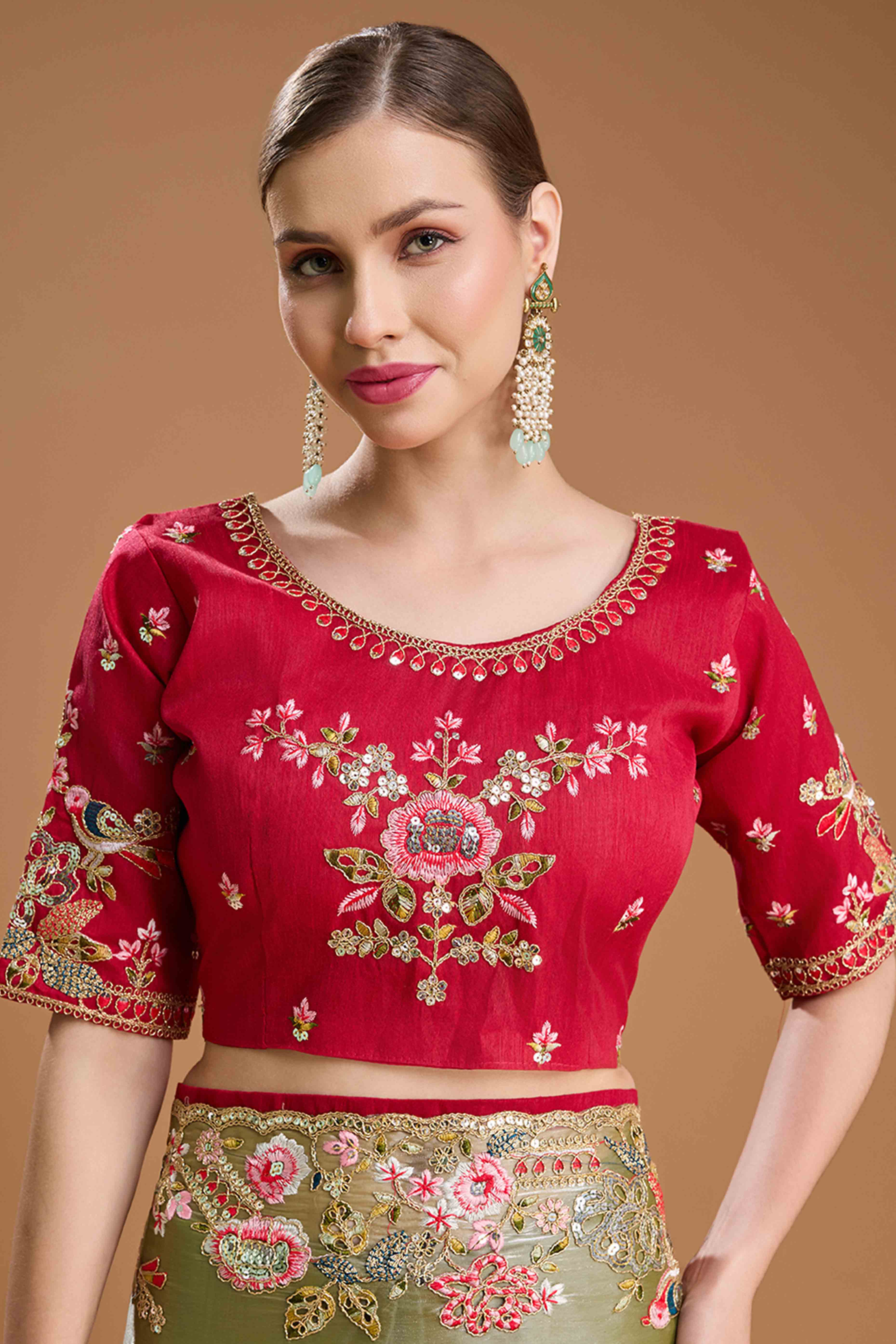 Green Floral Design Organza Saree with Glittering Sequins Embroidery