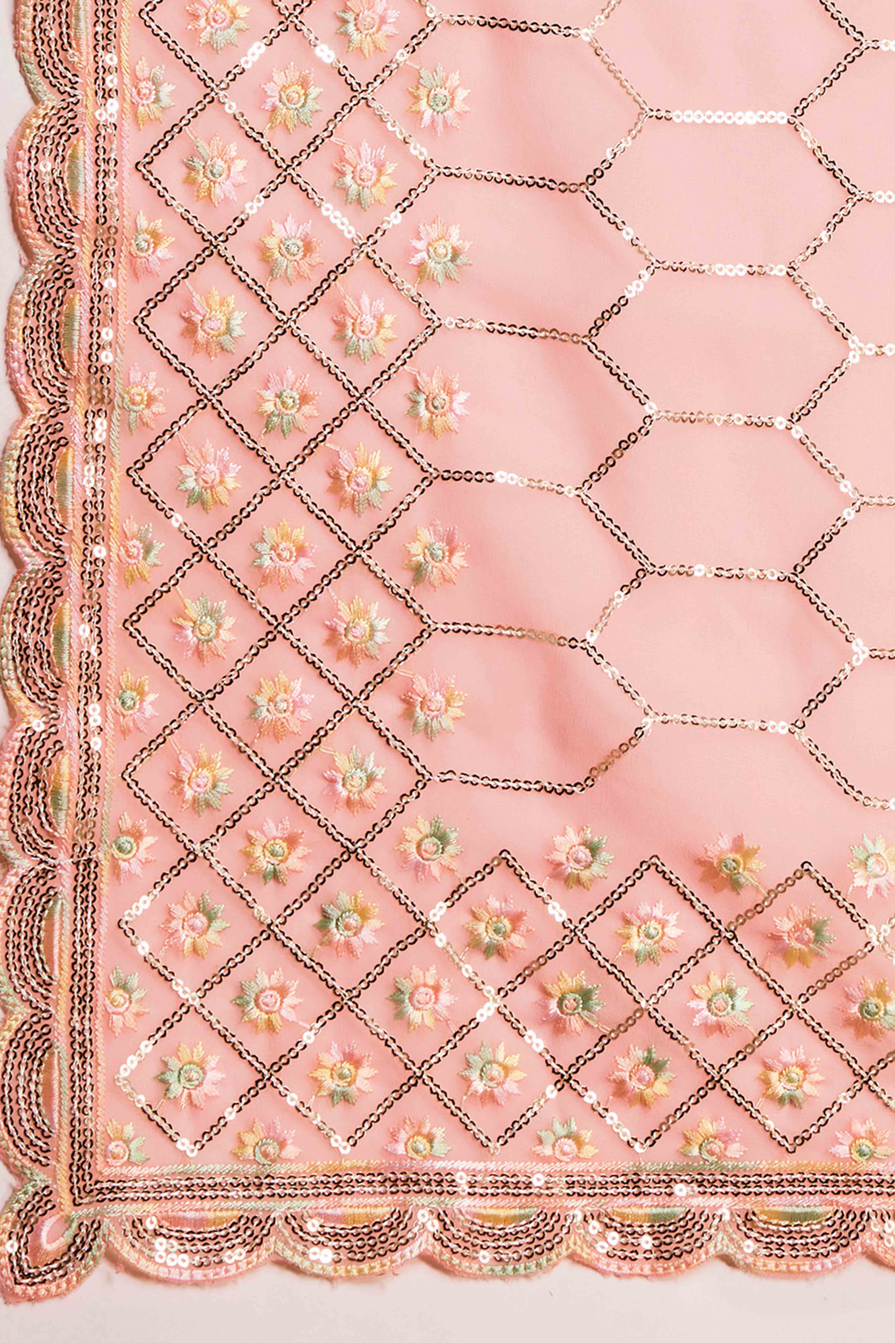 Pastel Peach Georgette Saree Enhanced with Elegant Sequins Embellishments