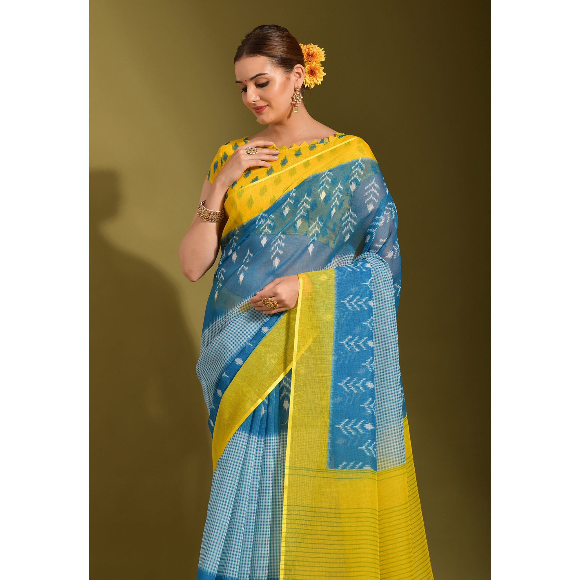 Blue & Yellow Digital Printed Linen Saree With Tassels