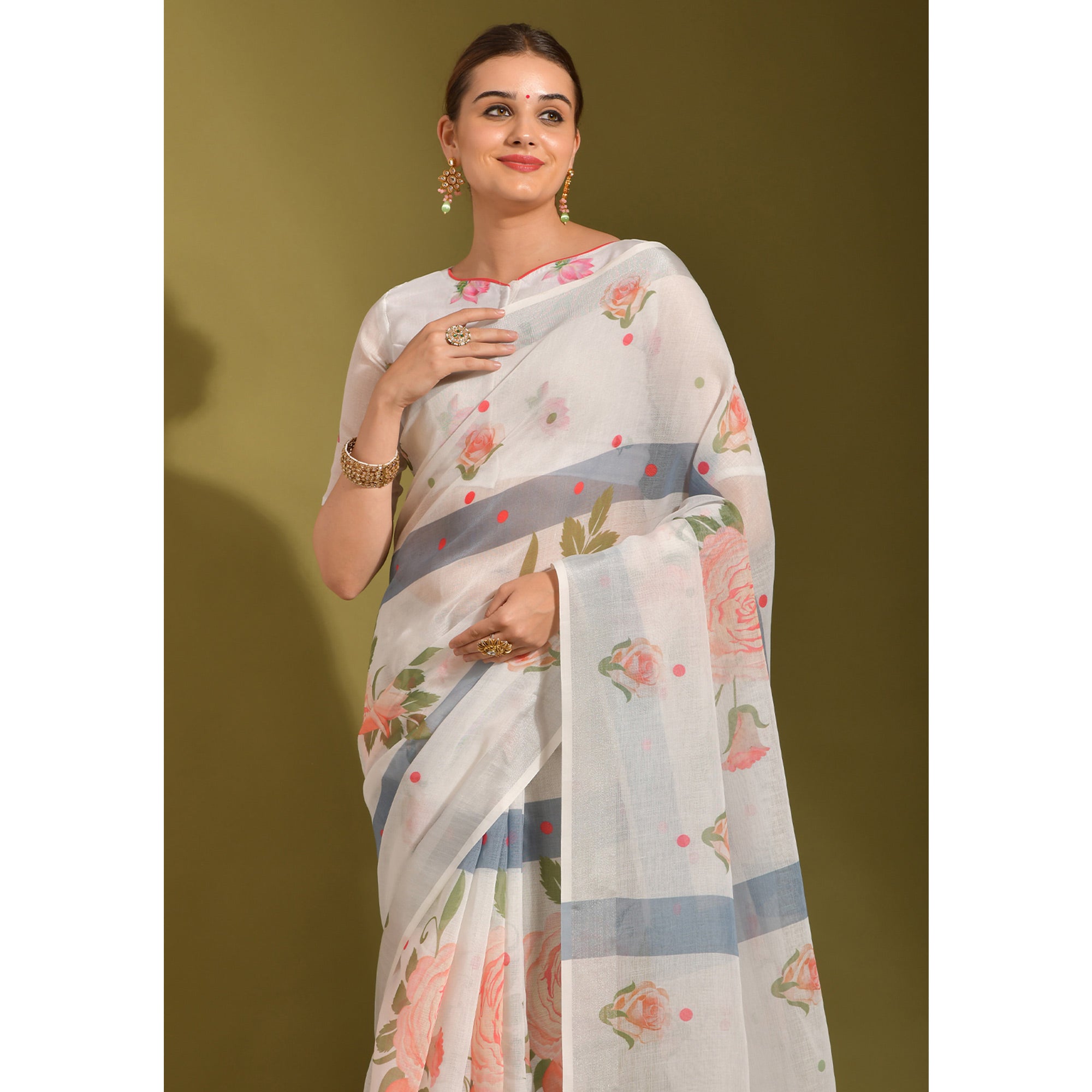 White Floral Digital Printed Linen Saree With Tassels