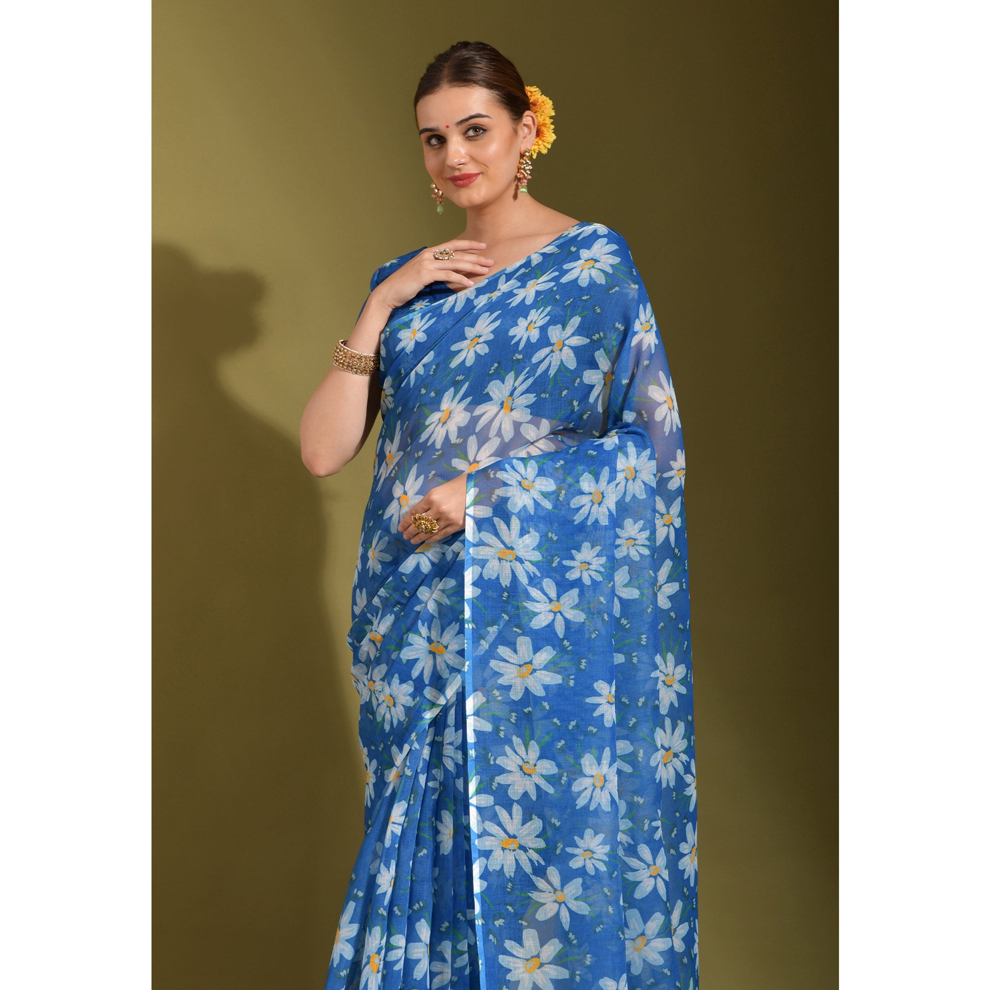 Blue Floral Digital Printed Linen Saree With Tassels