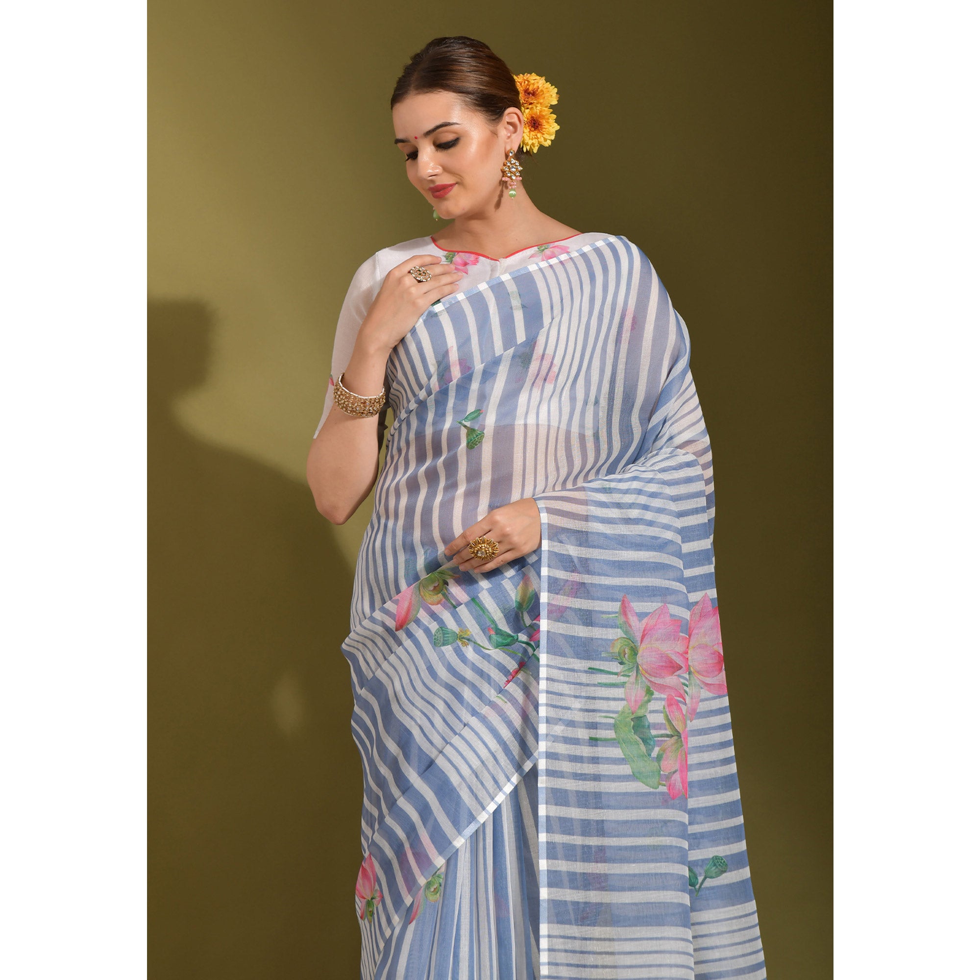 Sky Blue Floral Digital Printed Linen Saree With Tassels