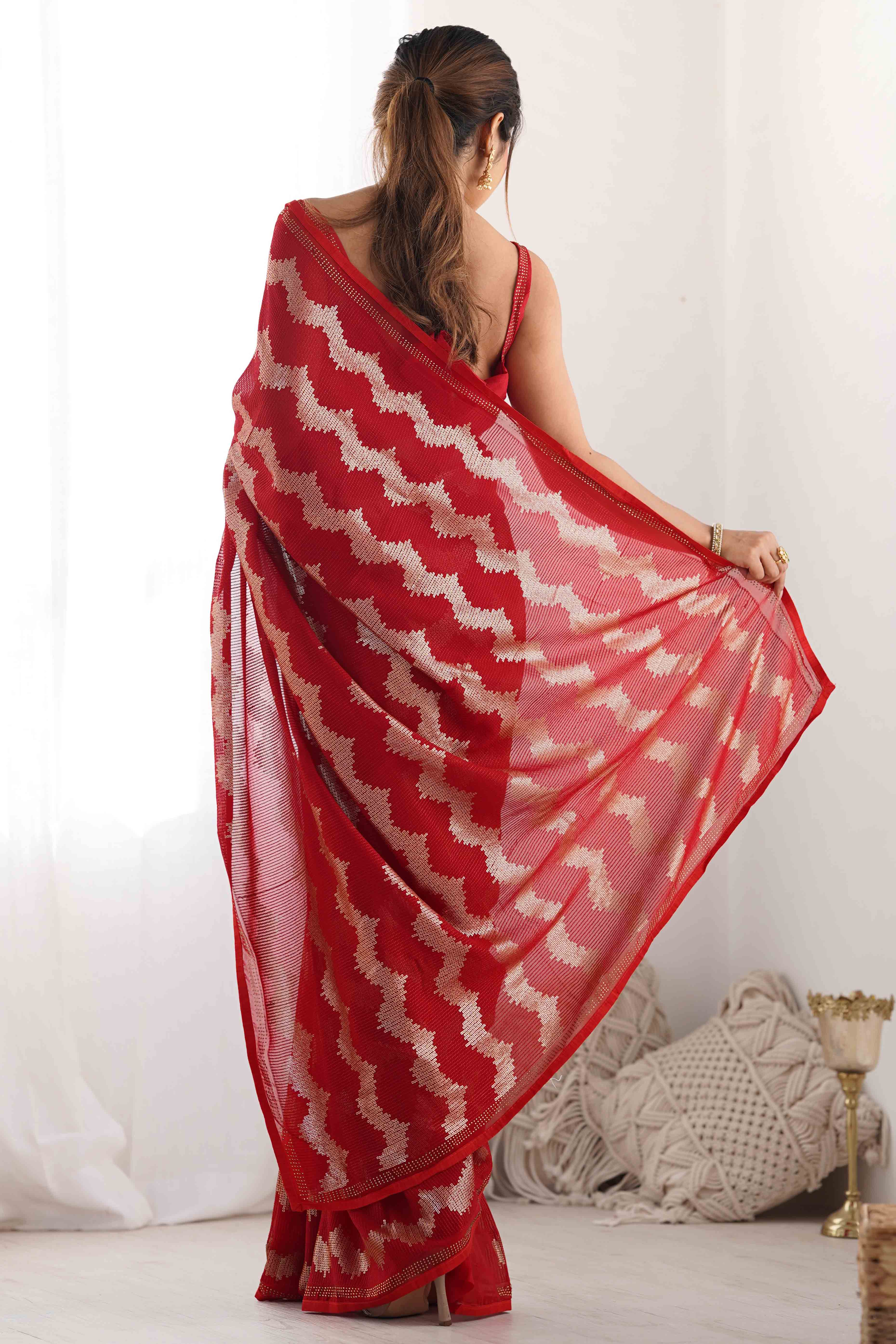Red Sequins Embroidered Georgette Saree