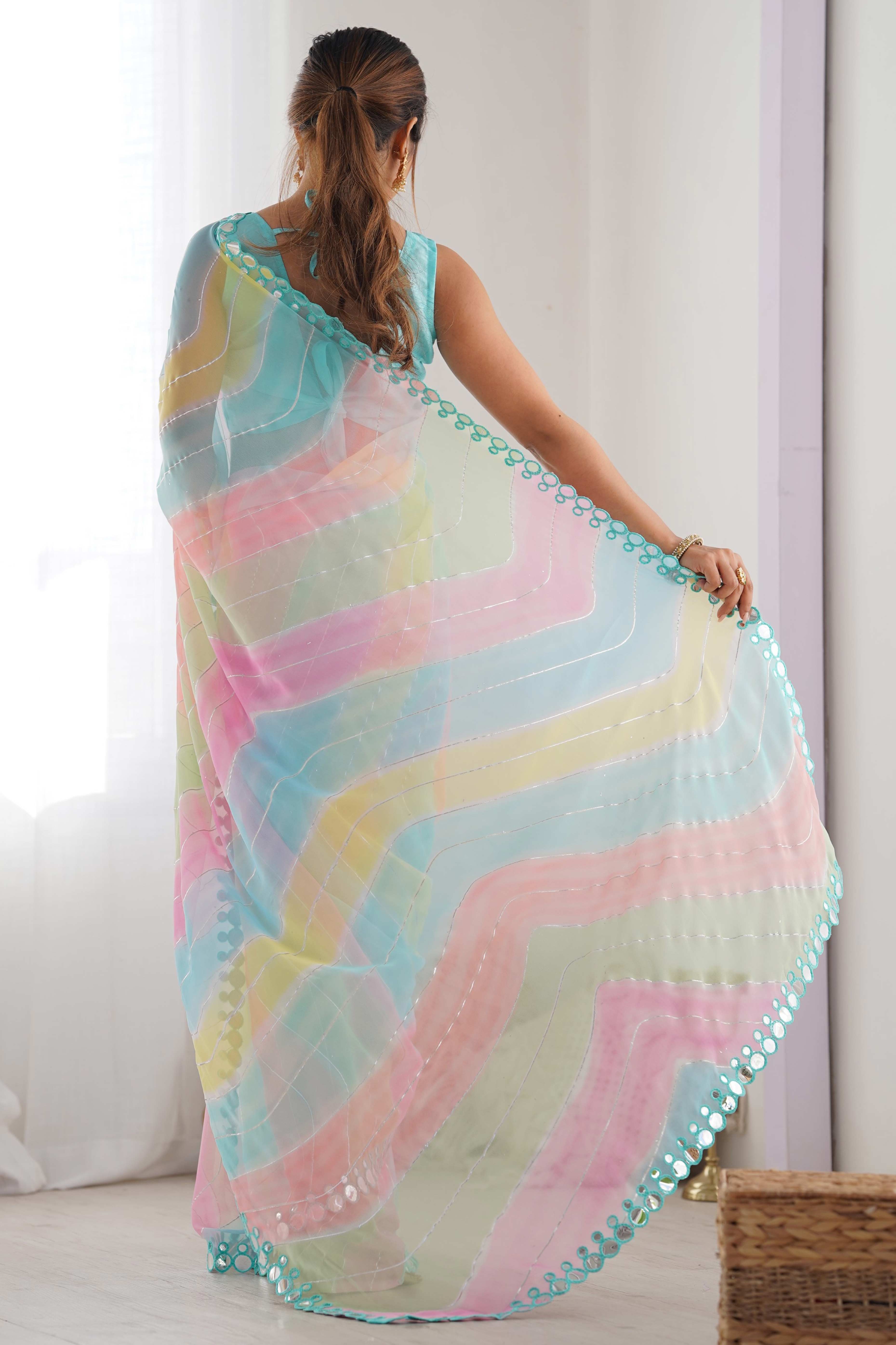 Multicolor Mirror Work Embroidered Georgette Saree