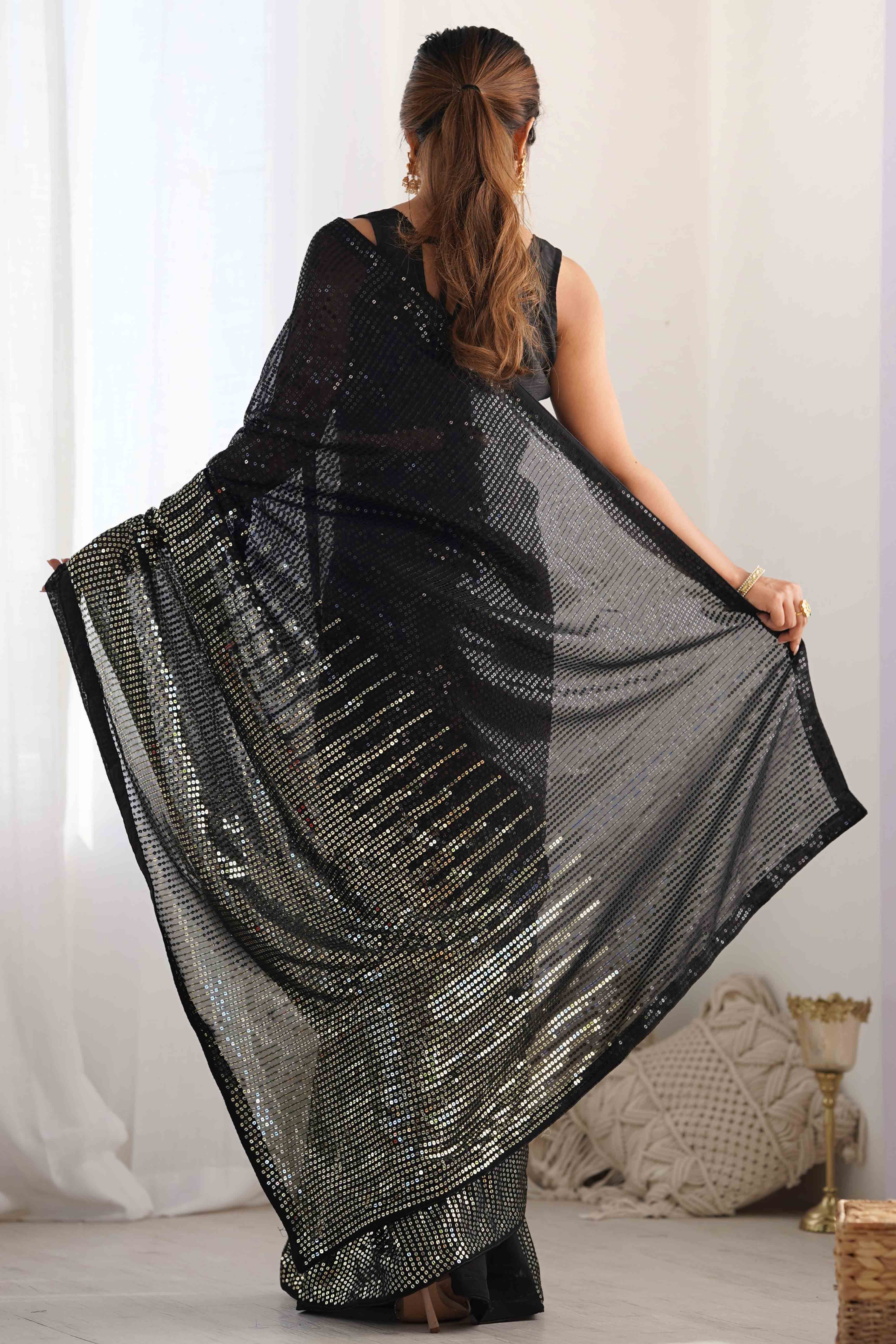 Black Sequins Embroidered Georgette Saree