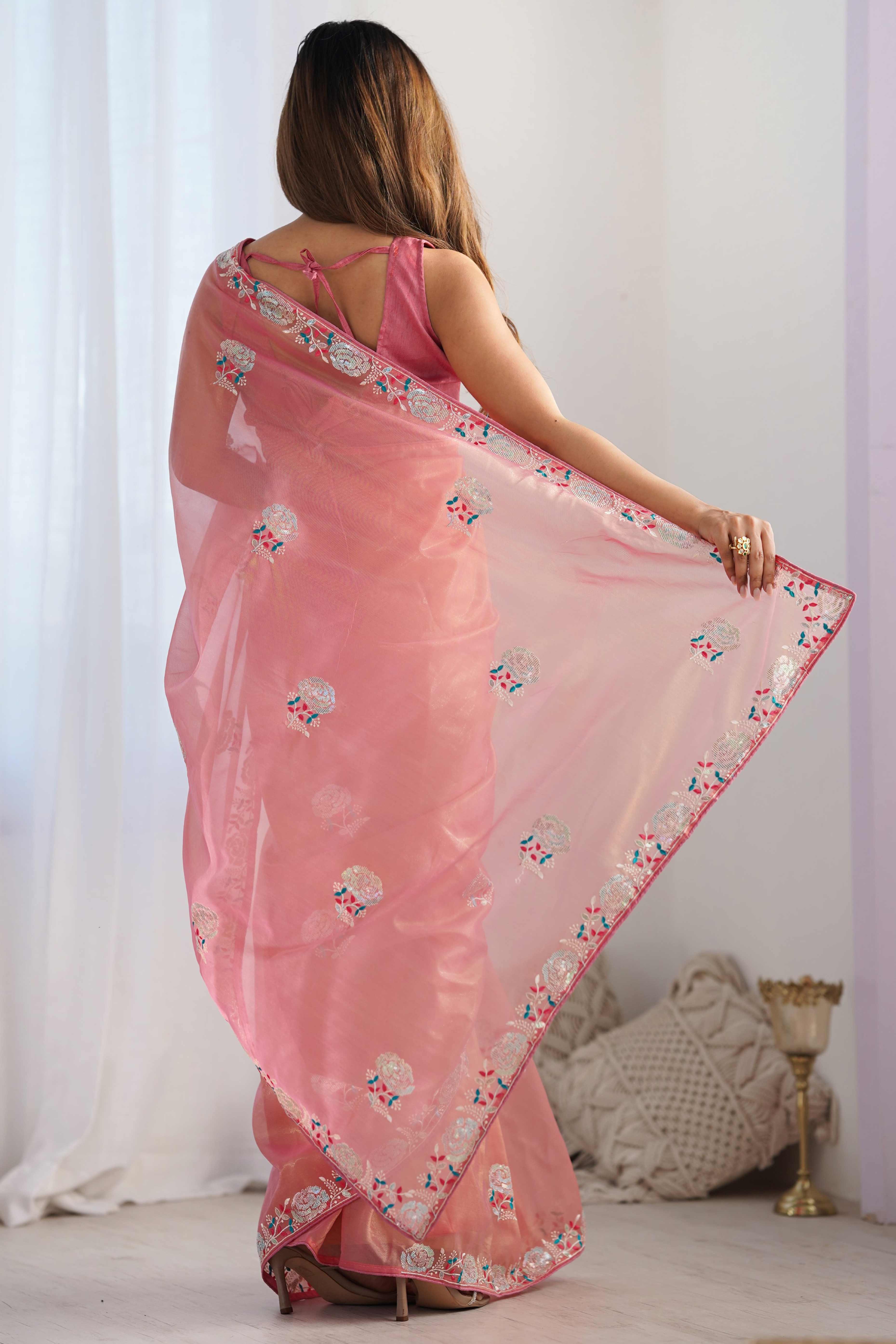 Peach Floral Embroidered Net Saree