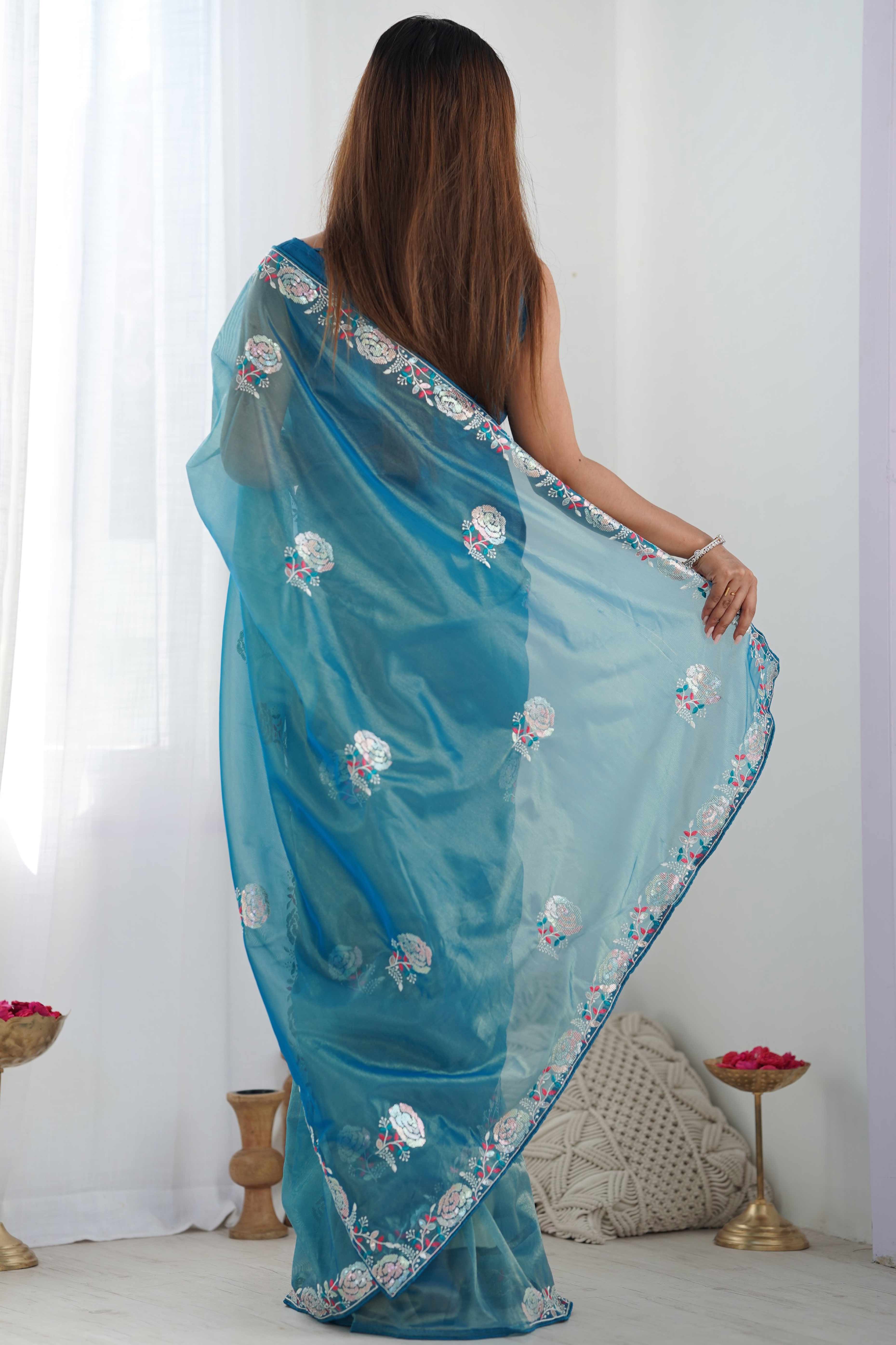 Dusty Teal Floral Embroidered Net Saree