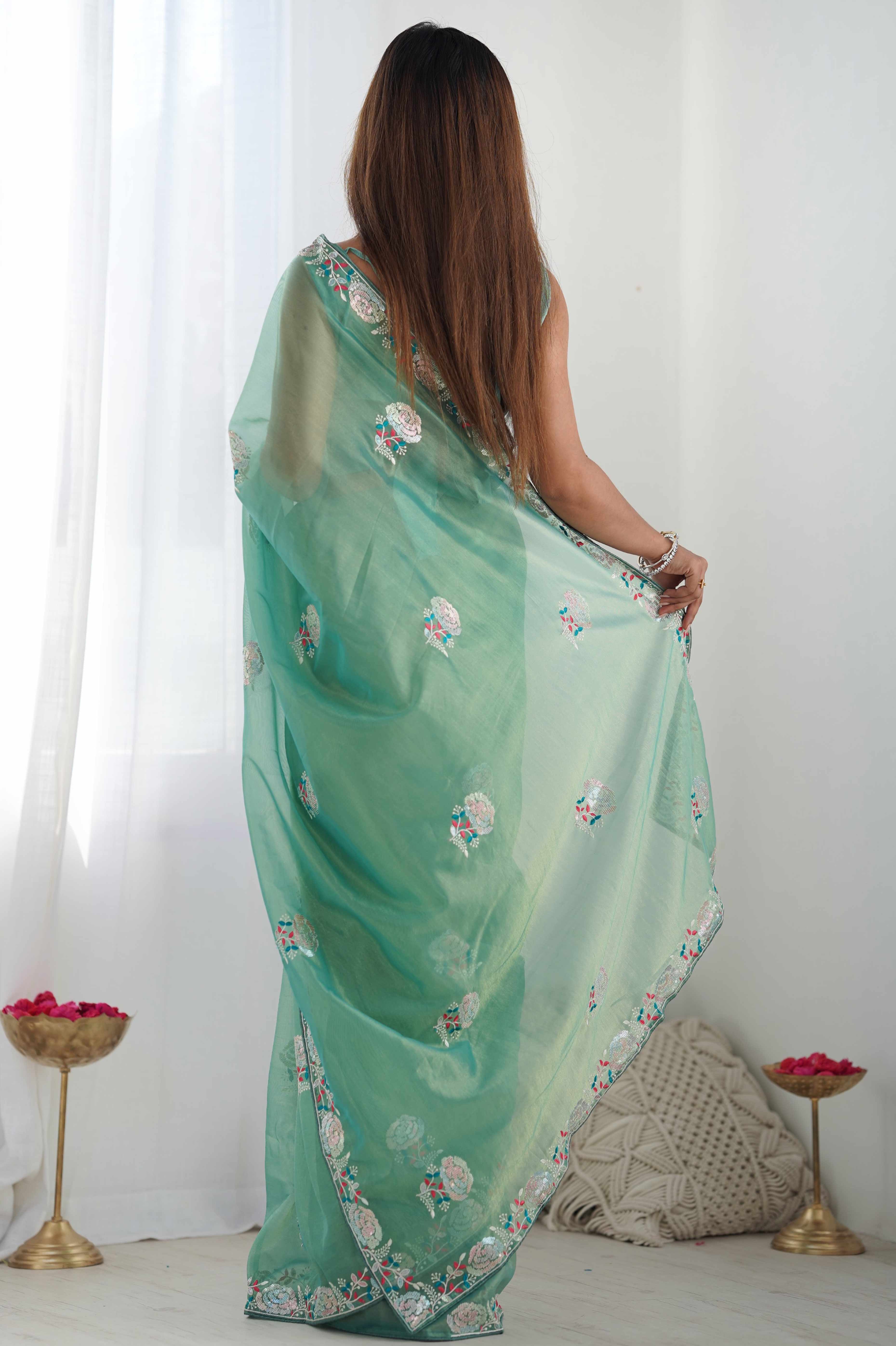 Sea Green Floral Embroidered Net Saree