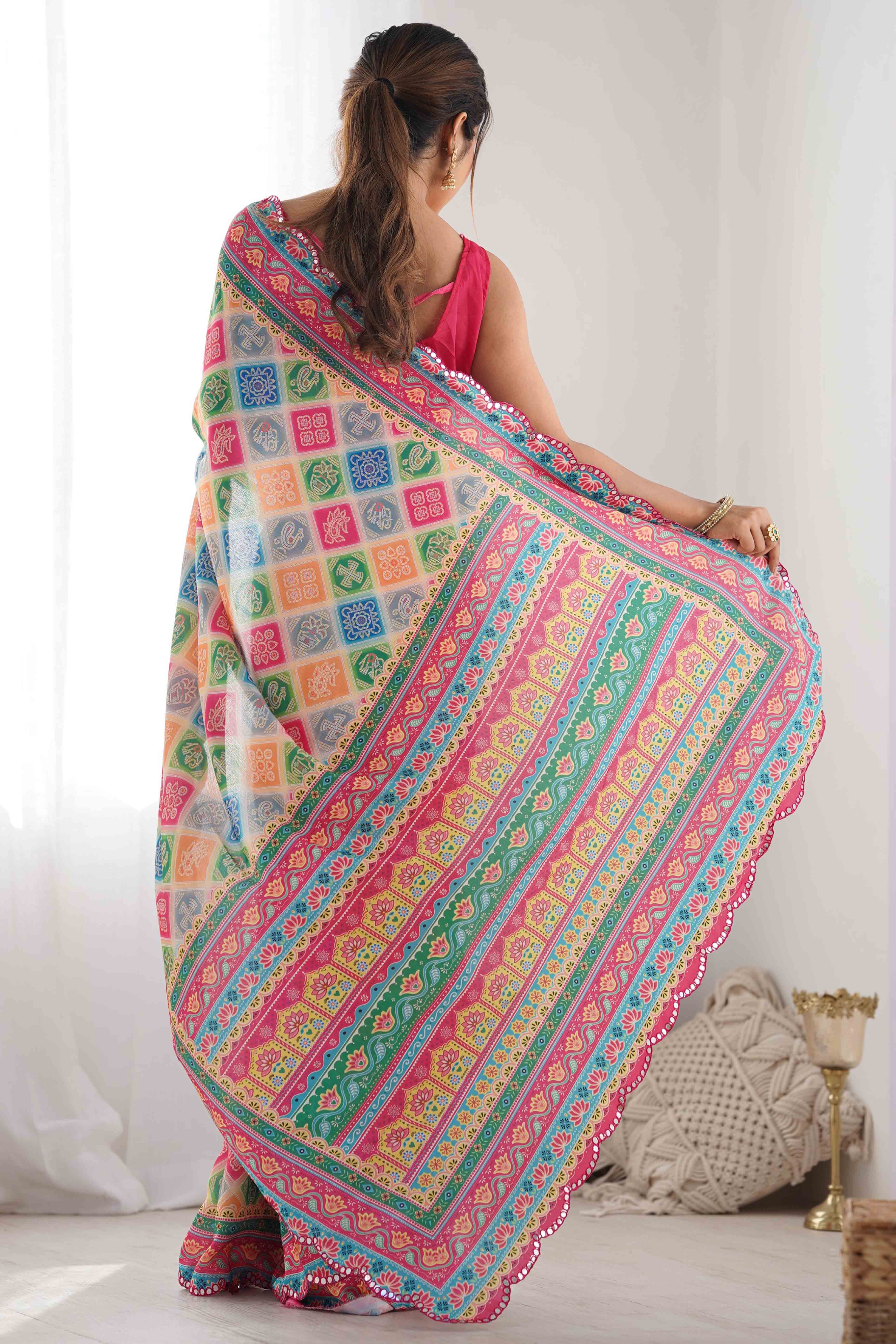 Multicolor Bandhani Printed Chinon Saree