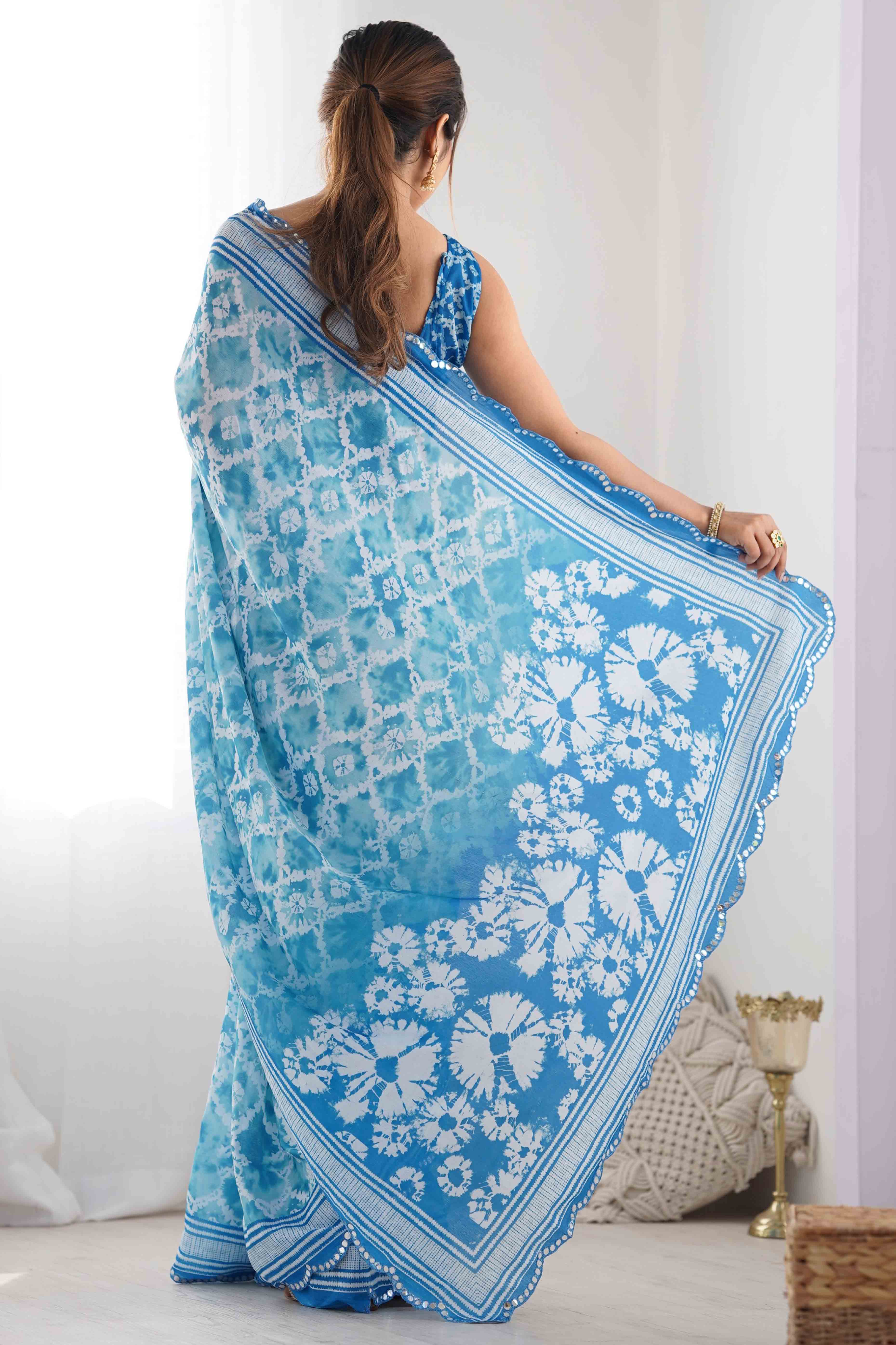 Blue Tie Dye Printed Chinon Saree