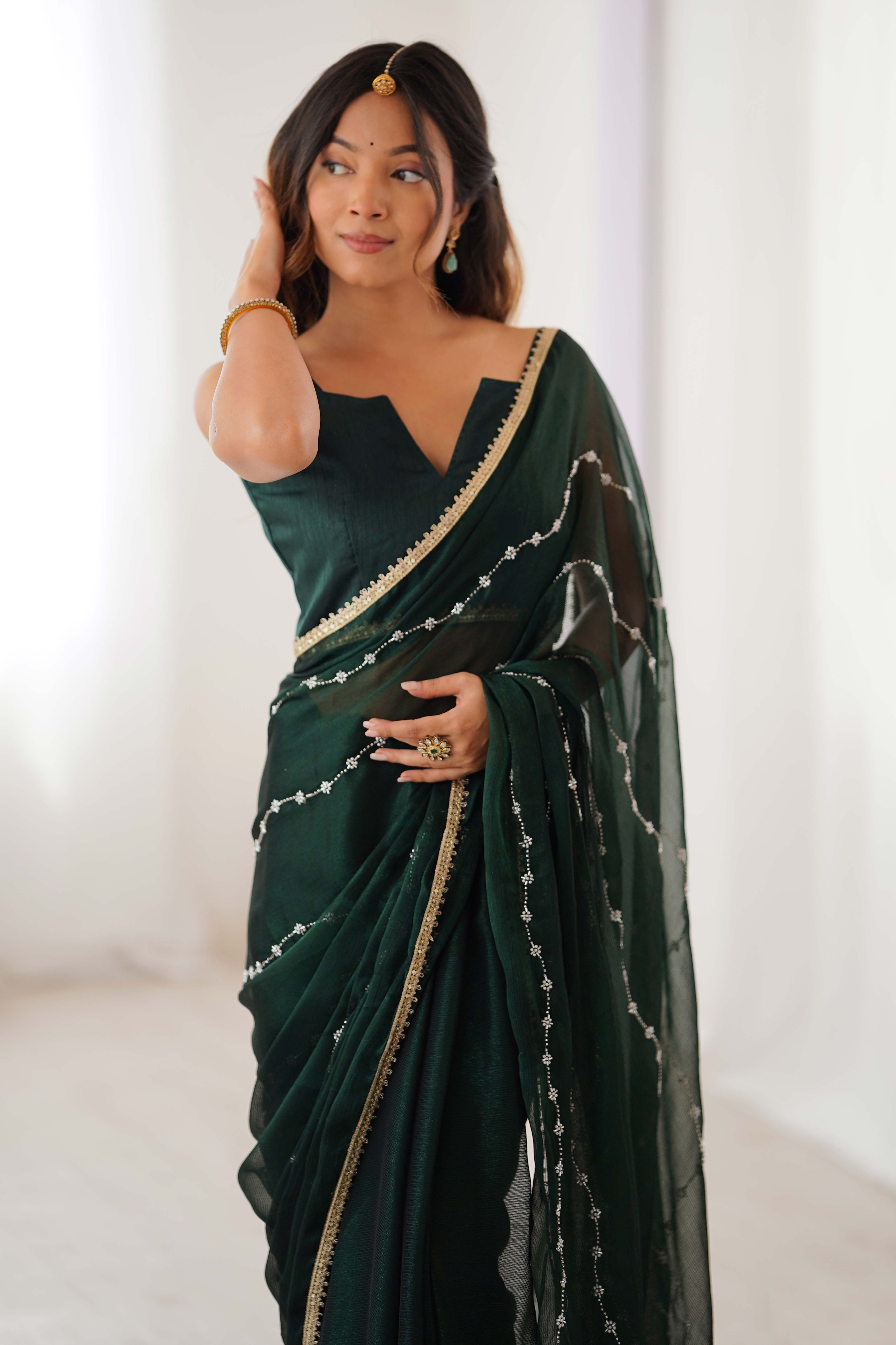 Green Embellished Organza Saree With Delicate Linear Beads & Stones detailing