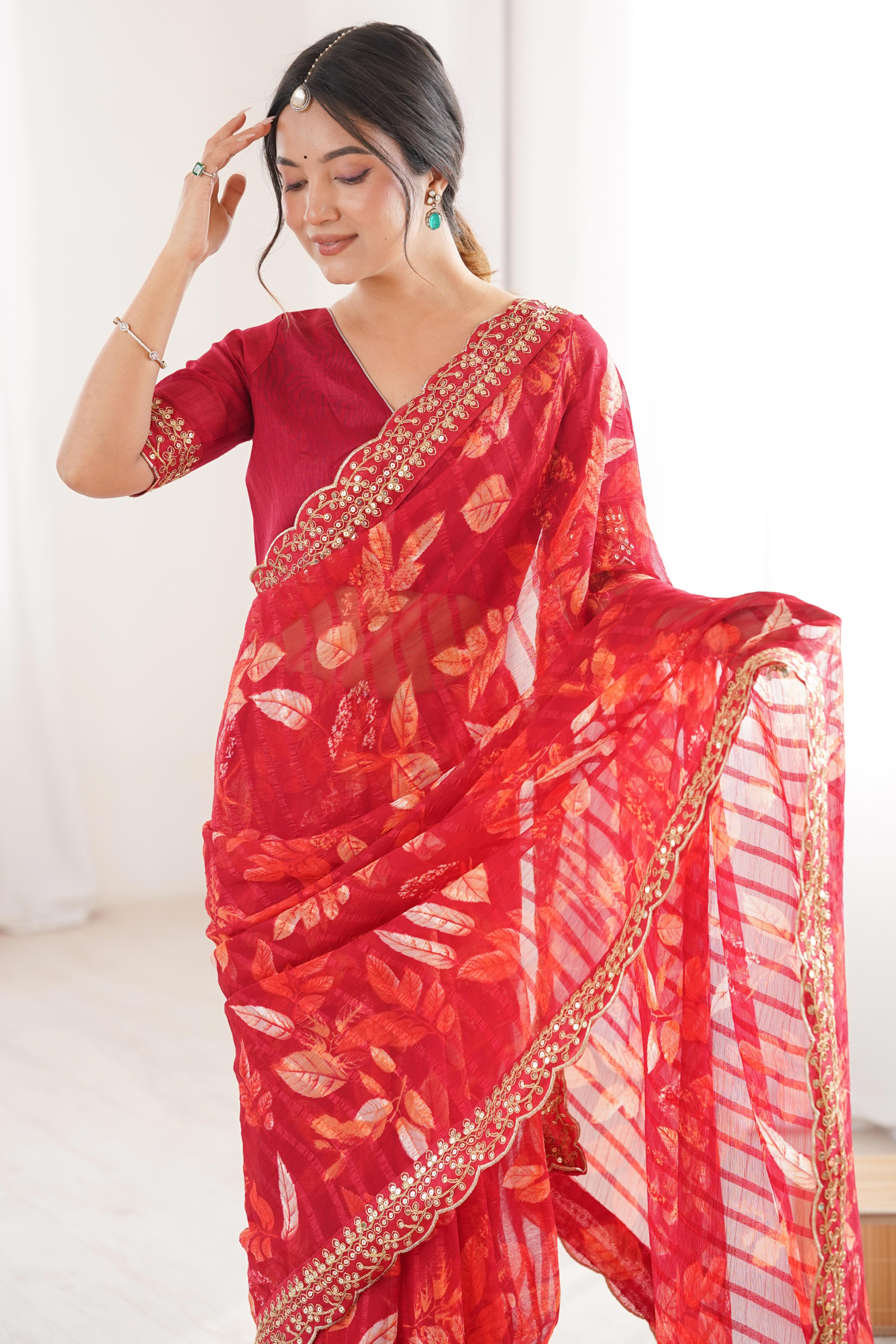 Elegant Red Leaf & Floral Print Georgette Saree With Intricate Cording Sequins Embroidery Border