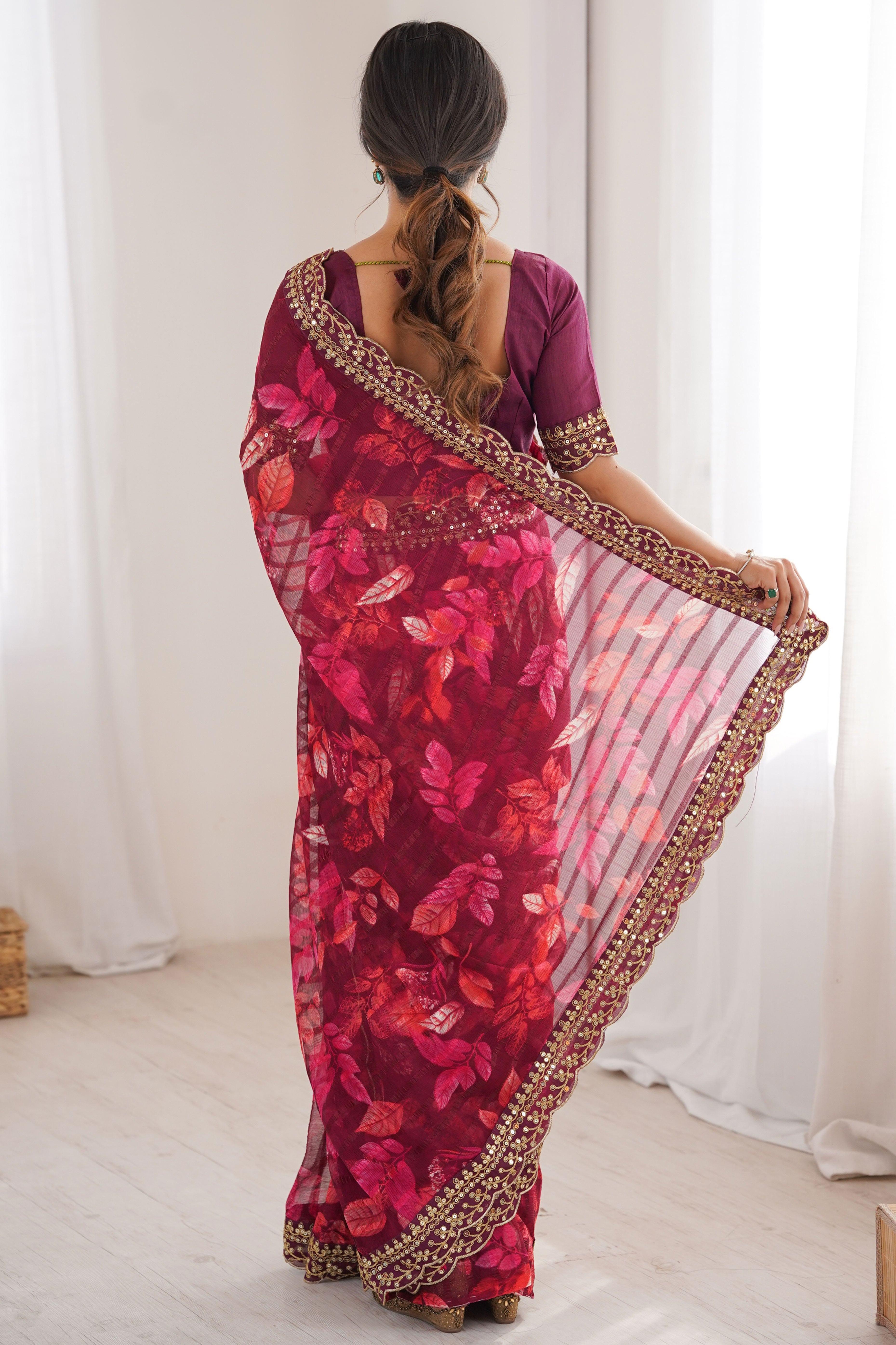 Elegant Wine Leaf & Floral Print Georgette Saree With Intricate Cording Sequins Embroidery Border