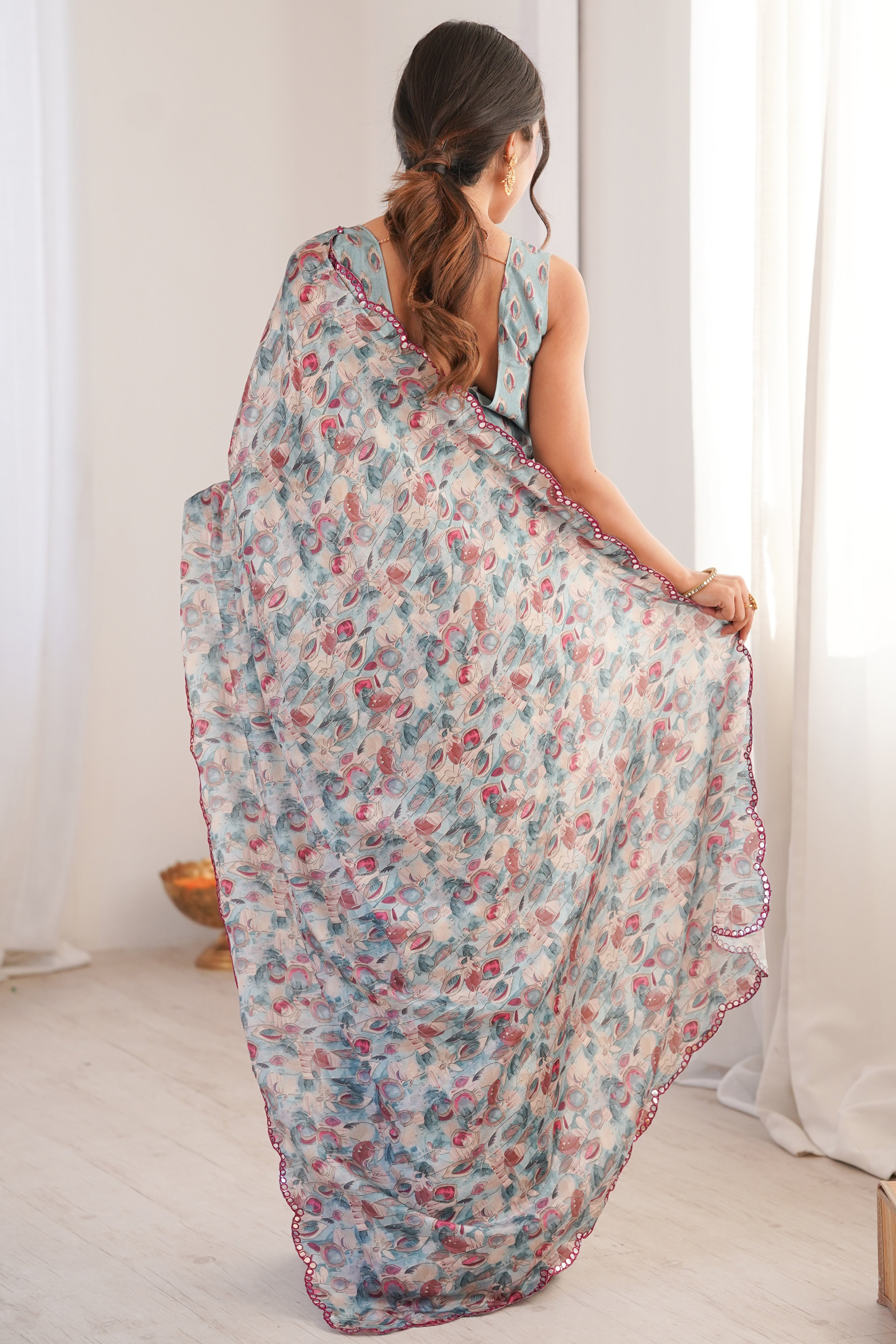 Chic Grey Floral Pattern Digital Printed Chinon Saree With Delicate Embroidered Border Detailing