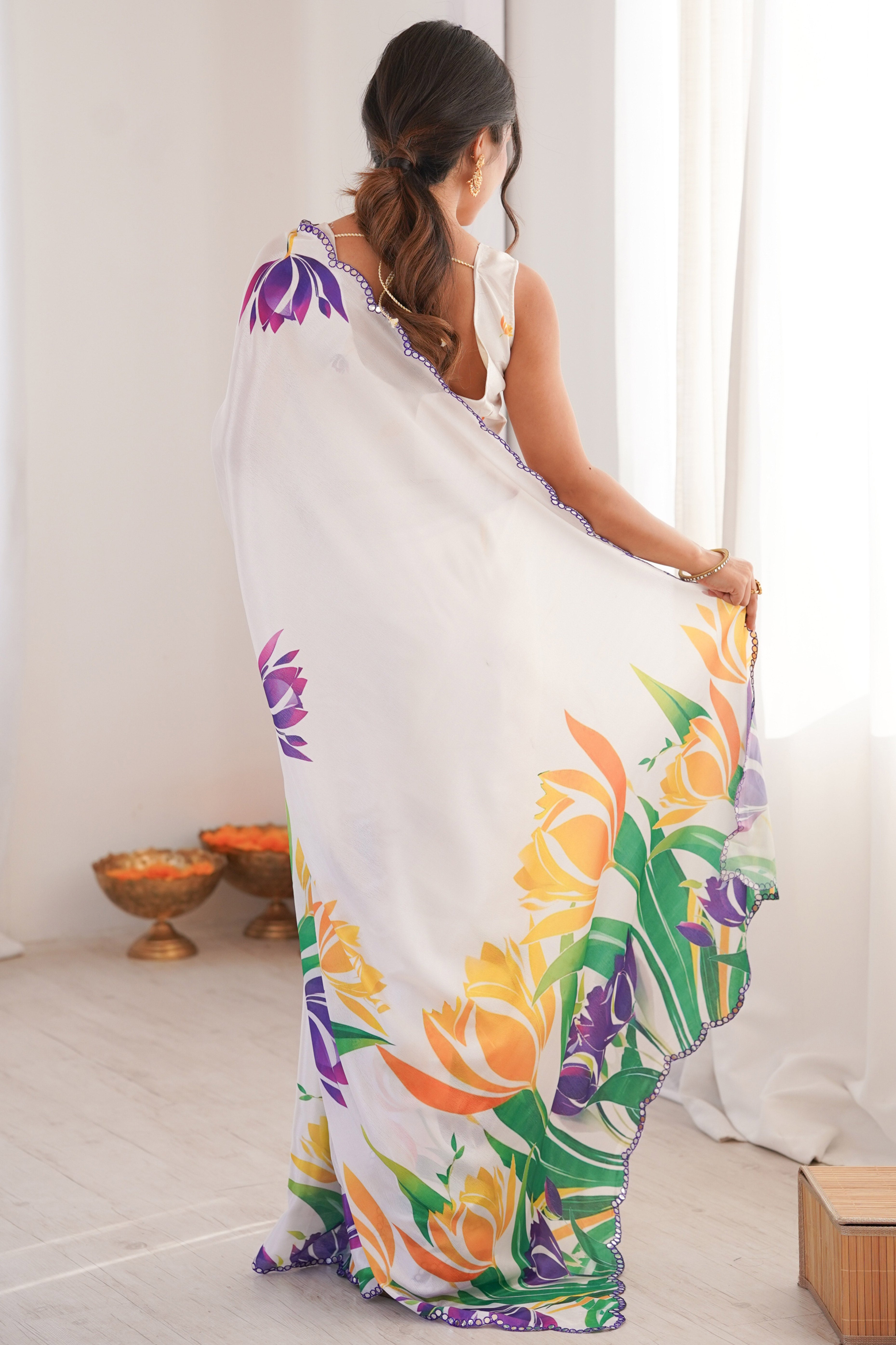 Classic White Floral Digital Print Chinon Saree Featuring Artful Embroidered Border Detailing