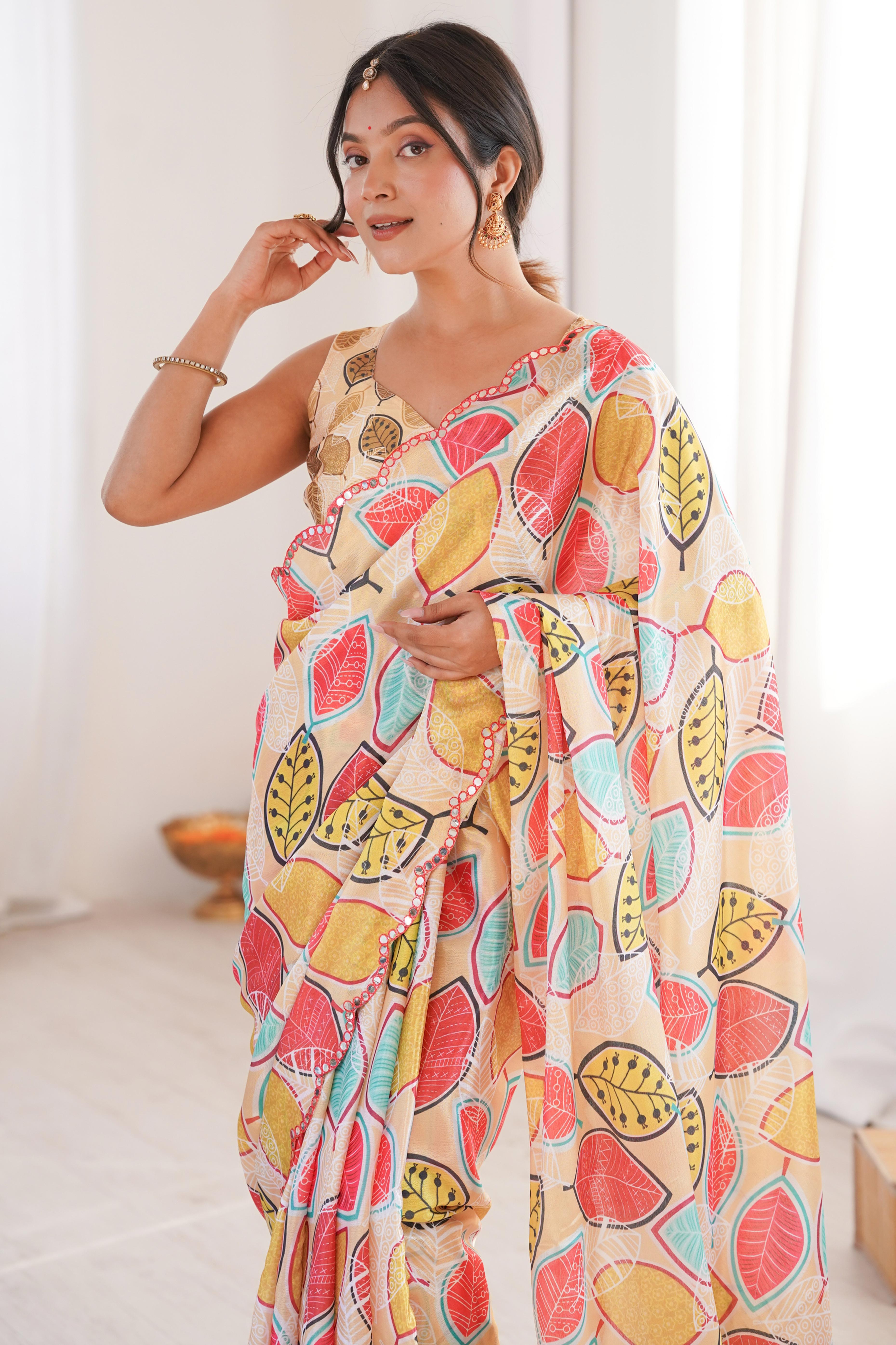 Sophisticated Light Yellow Leaf Digital Printed Chinon Saree Highlighted By Embroidered Border