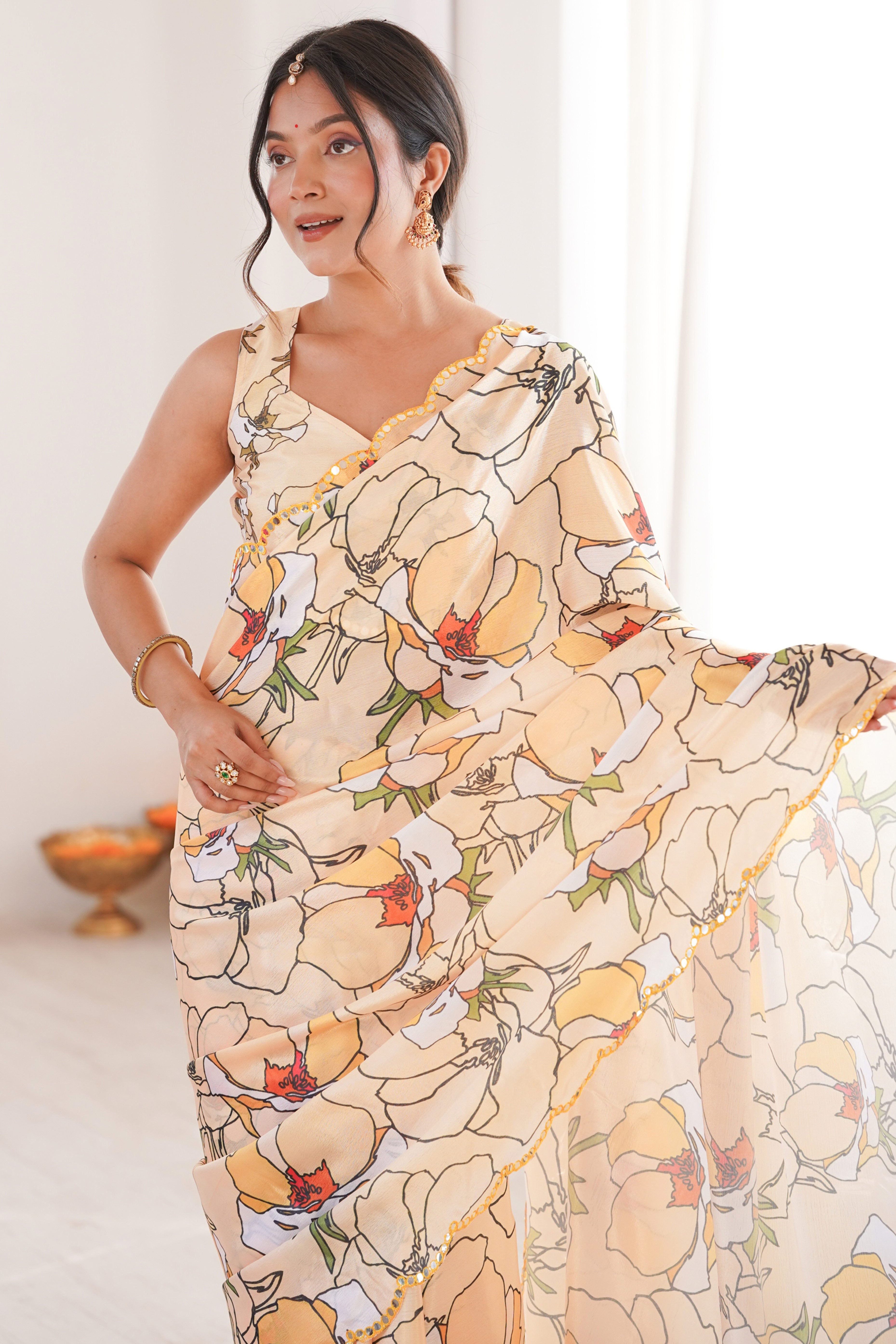 Contemporary Cream Floral Digital Printed Chinon Saree Showcasing Fine Embroidered Border Detailing