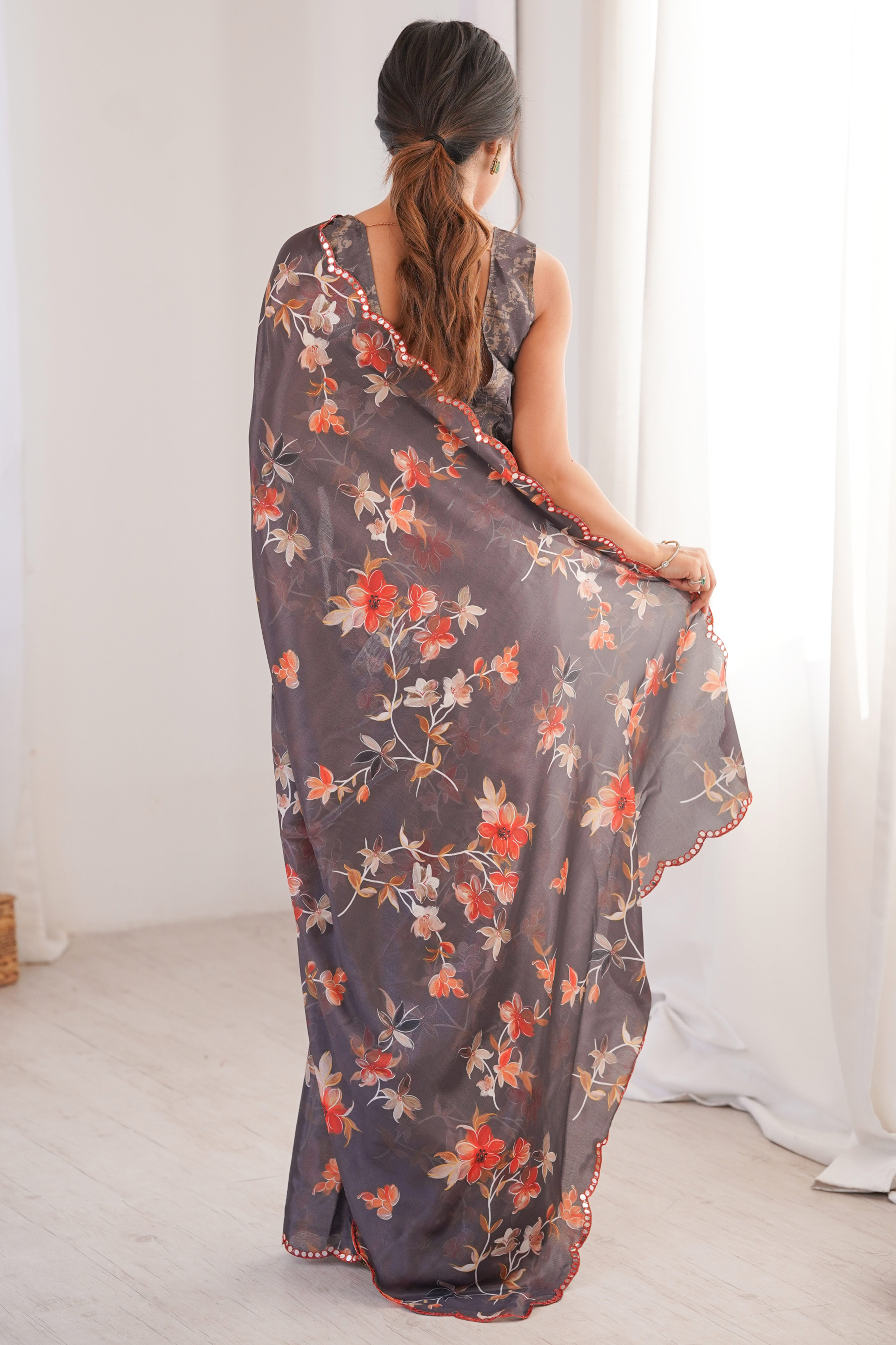 Graceful Grey Floral Digital Printed Chinon Saree Highlighted By Delicate Embroidered Border