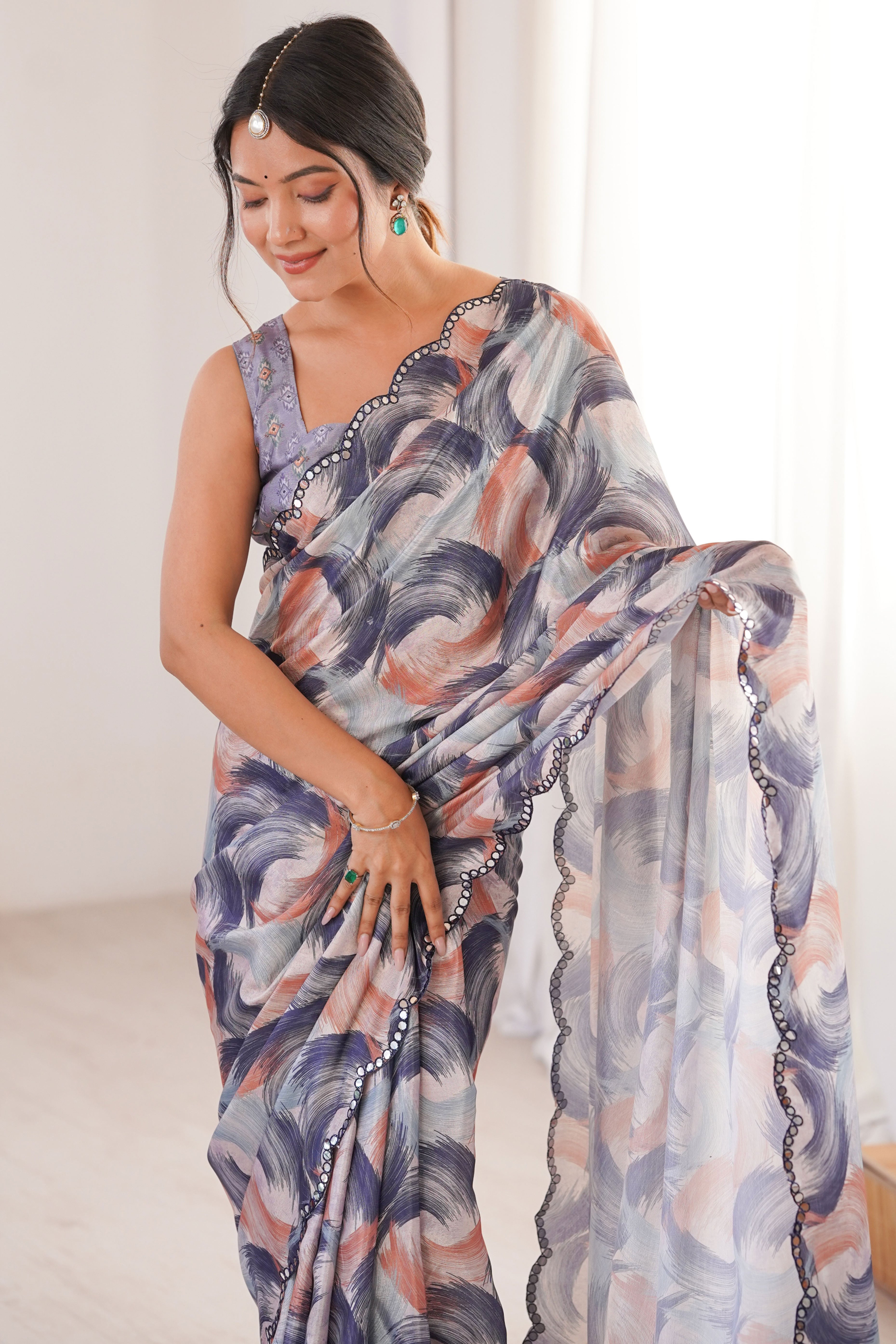 Exquisite Grey Abstract Digital Printed Chinon Saree With Elegant Embroidered Border Accents