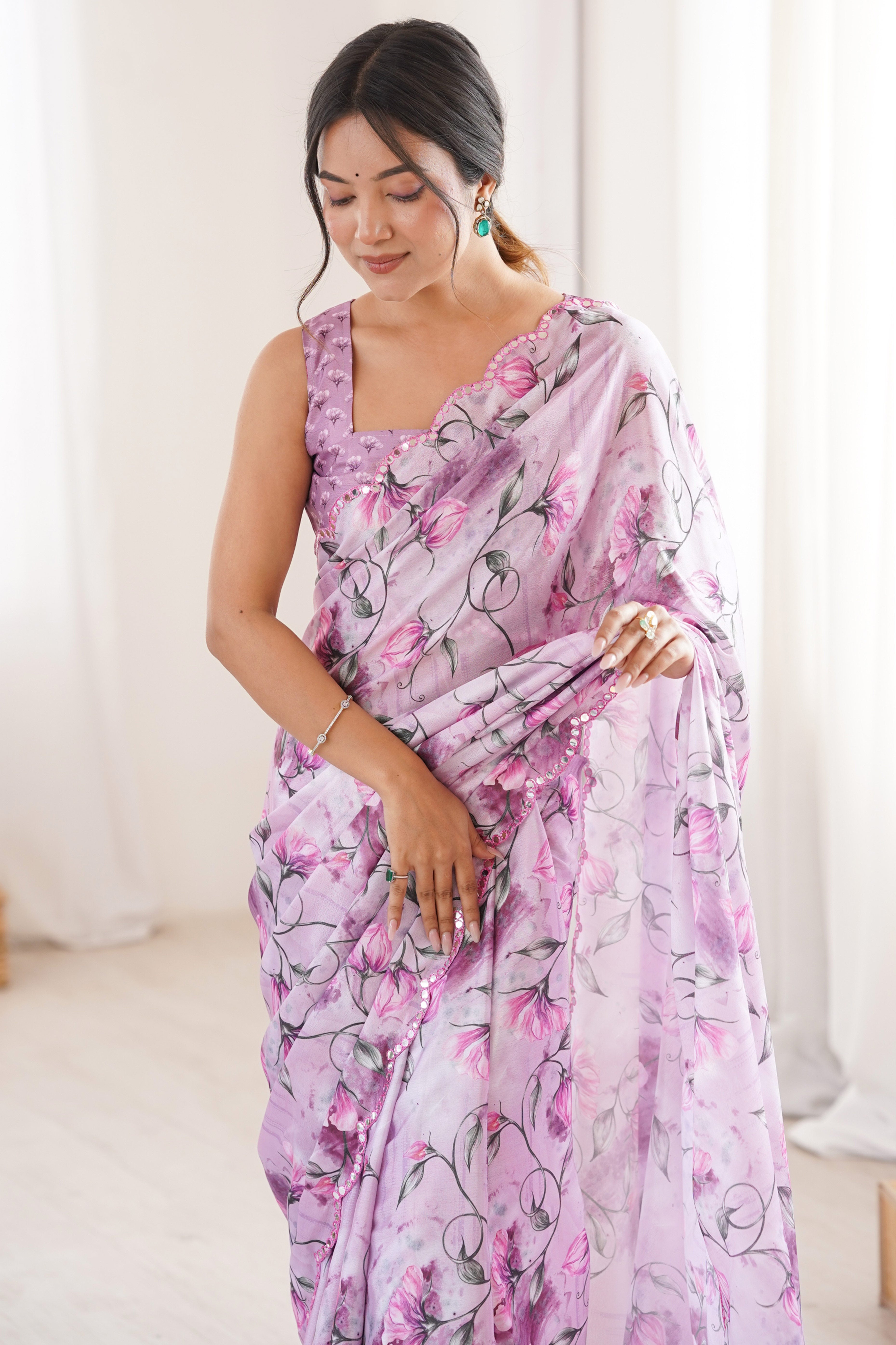 Graceful Light Purple Floral Digital Printed Chinon Saree Highlighted By Delicate Embroidered Border