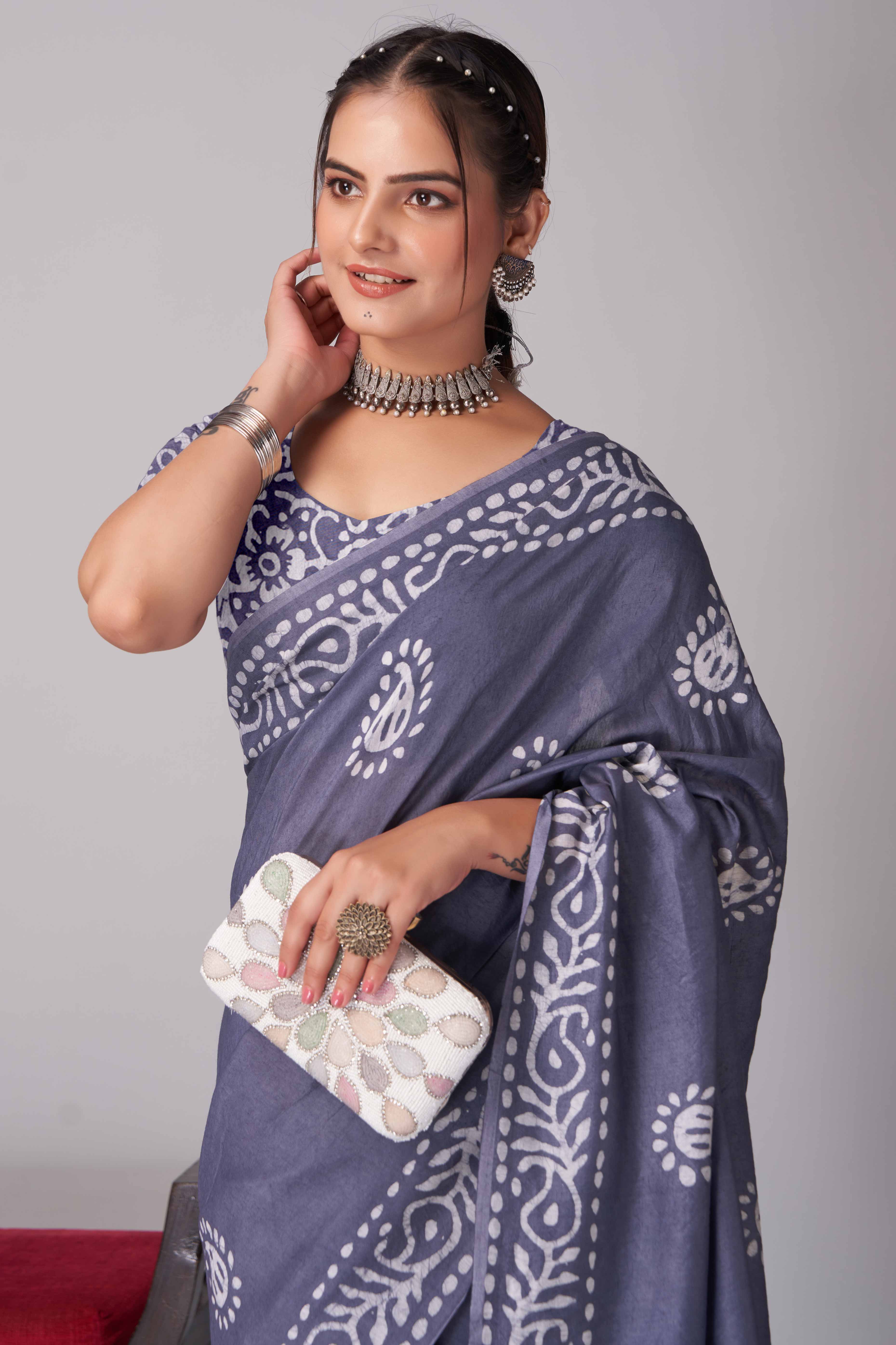 Grey Batik Printed Chanderi Cotton Silk Saree