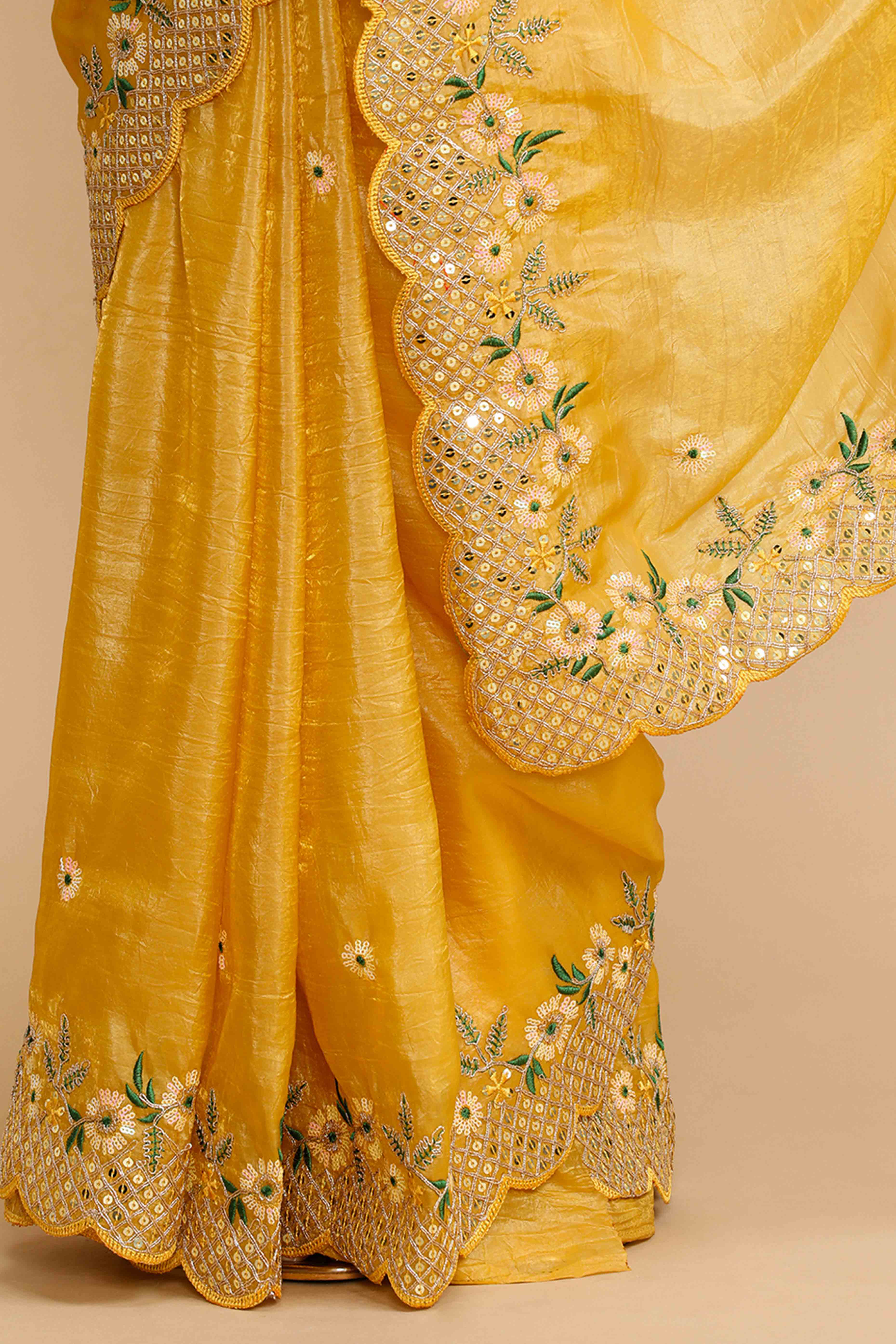 Mustard Floral Design Art Silk Saree with Glittering Sequins Embroidery