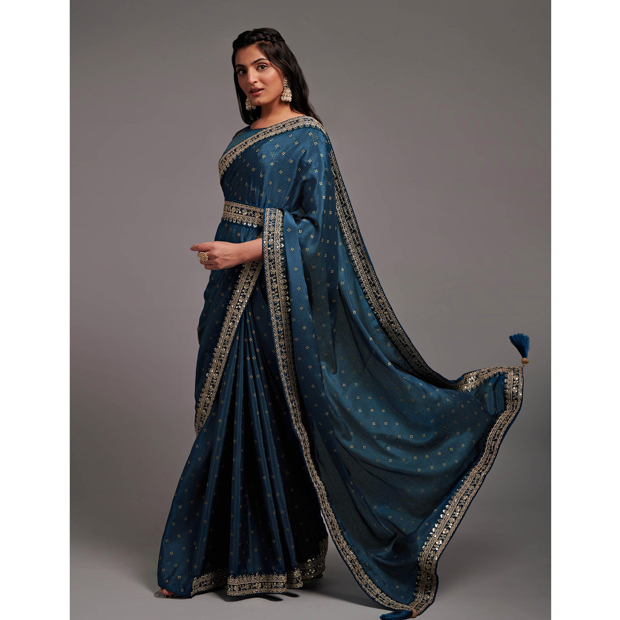 Blue Sequins Embroidered Border Chinon Saree