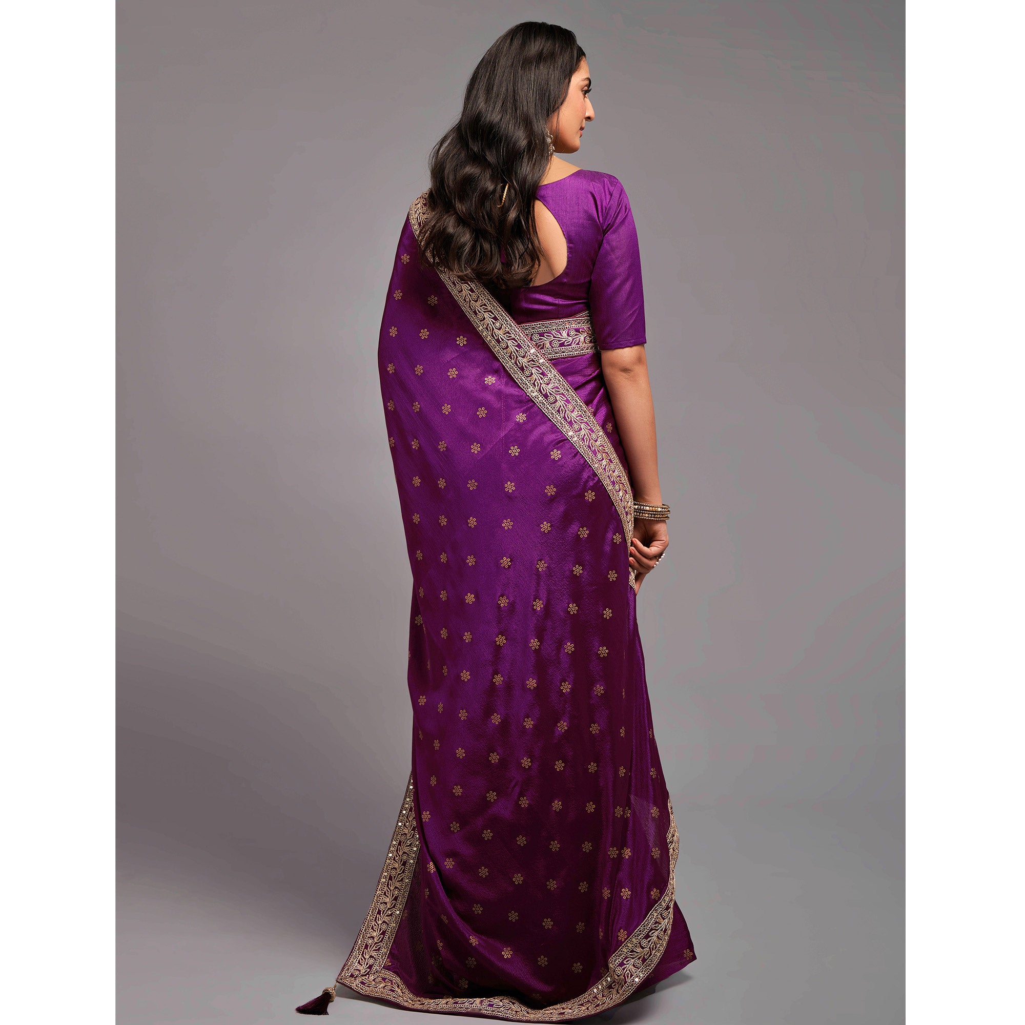 Wine Foil Printed With Embroidered Border Chinon Saree