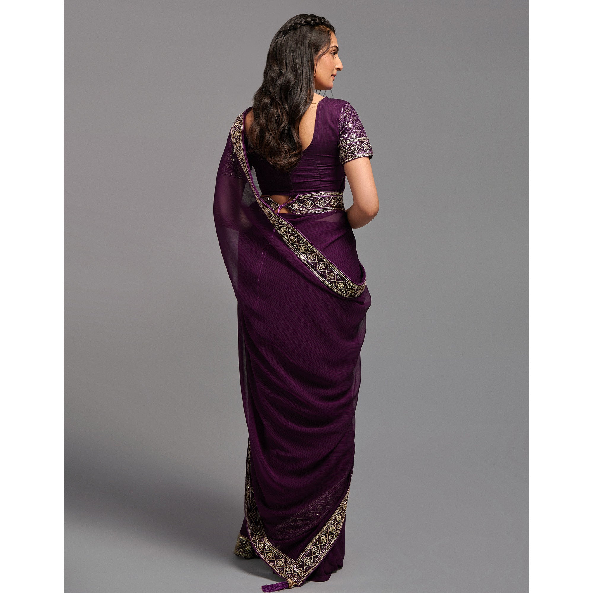 Wine Sequins Embroidered Border Chinon Saree