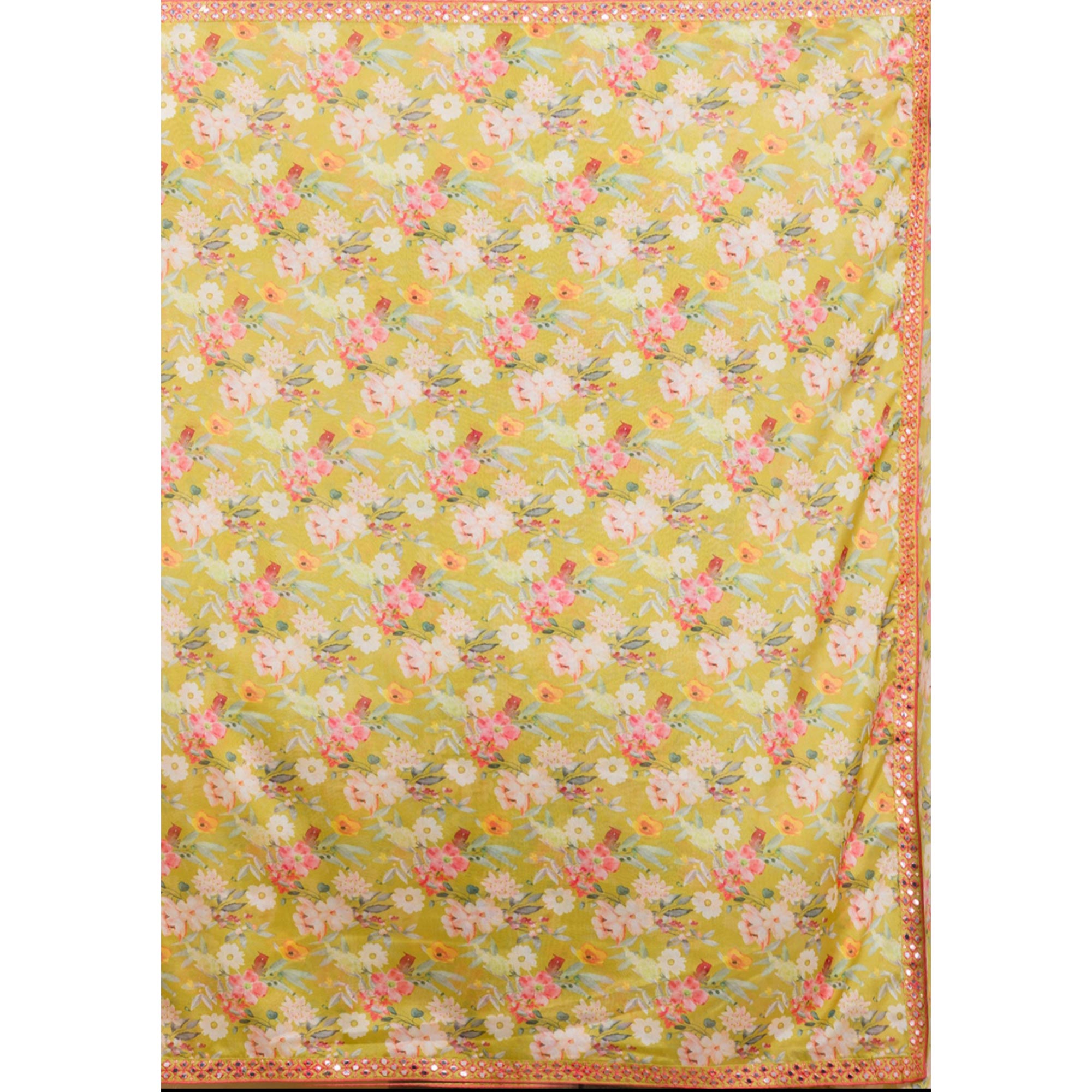 Green Floral Printed Chinon Saree With Fancy Mirror Border