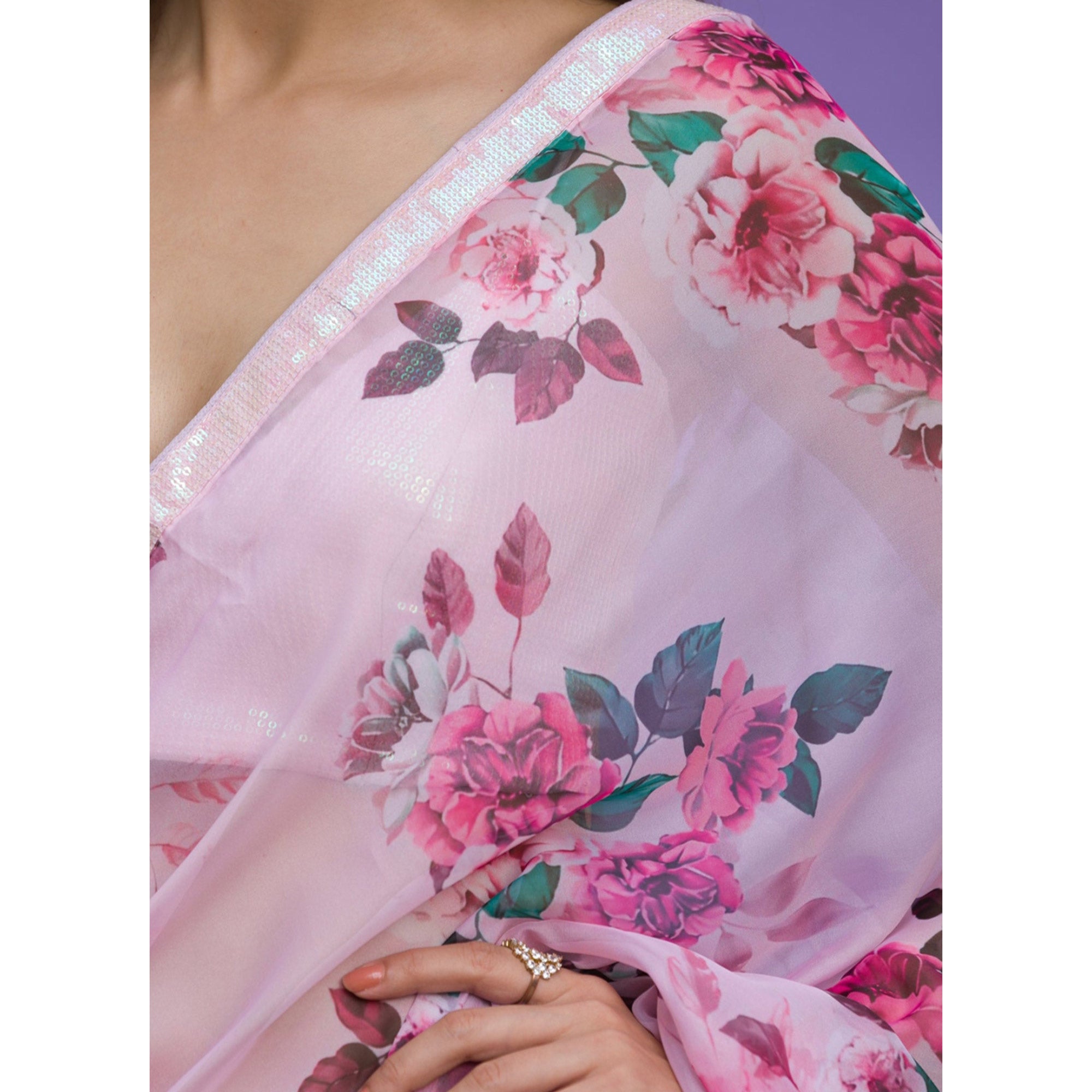 Pink Floral Printed Chinon Saree With Embroidered Border