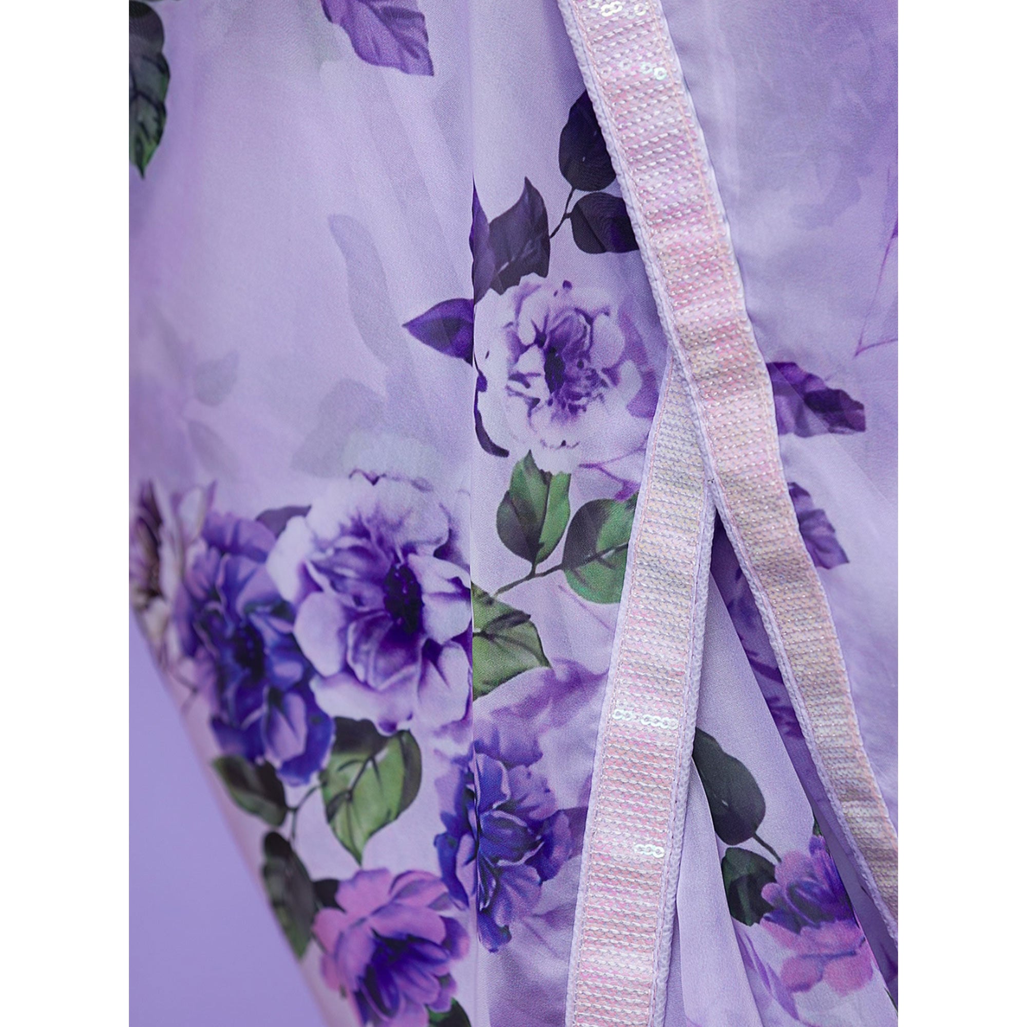 Purple Floral Printed Chinon Saree With Embroidered Border