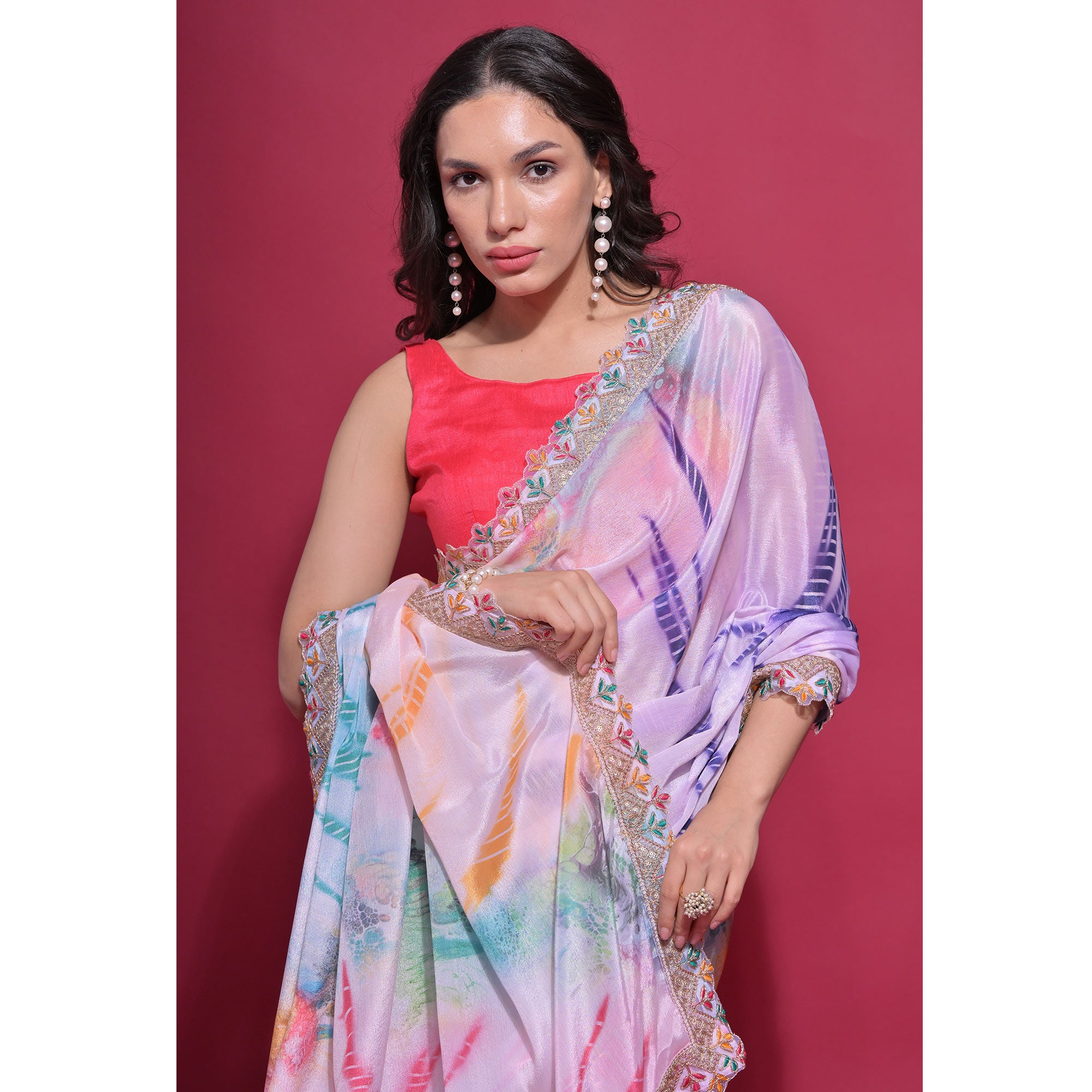 Pink Digital Printed Chinon Saree With Coding Border