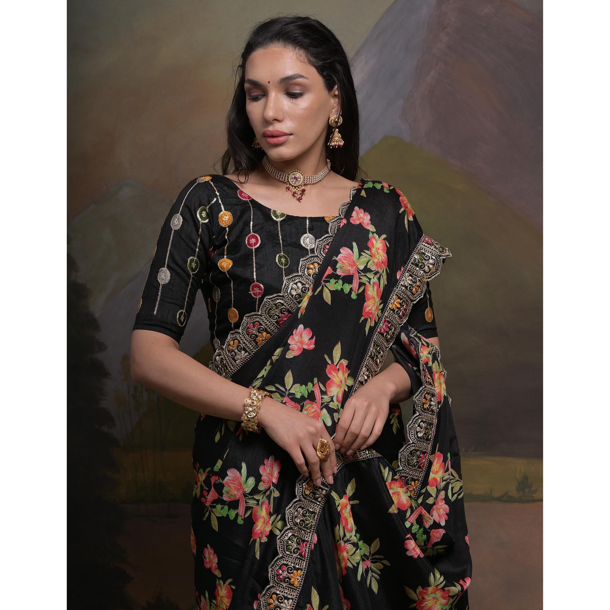 Black Floral Printed Chinon Saree With Embroidered Border