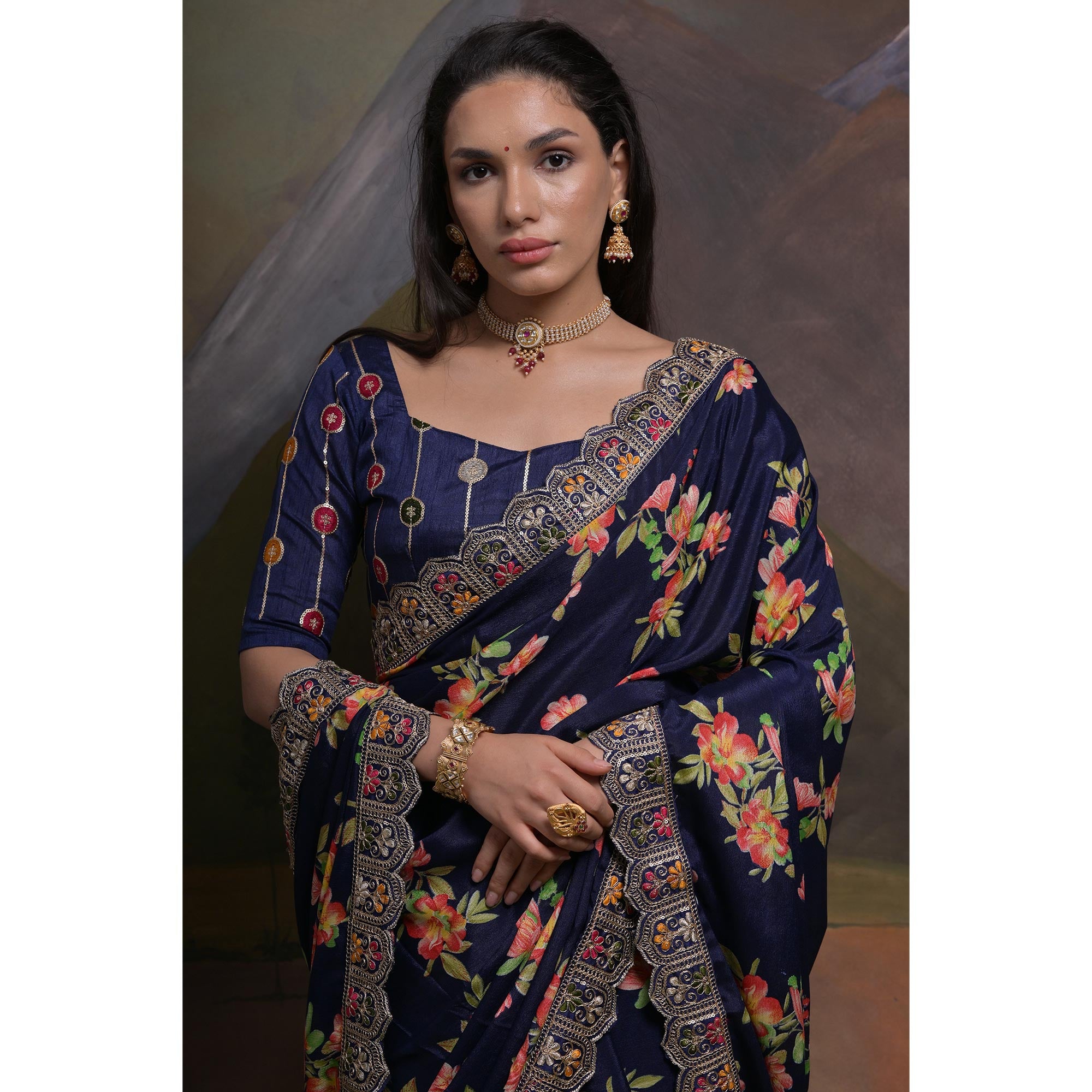 Navy Blue Floral Printed Chinon Saree With Embroidered Border