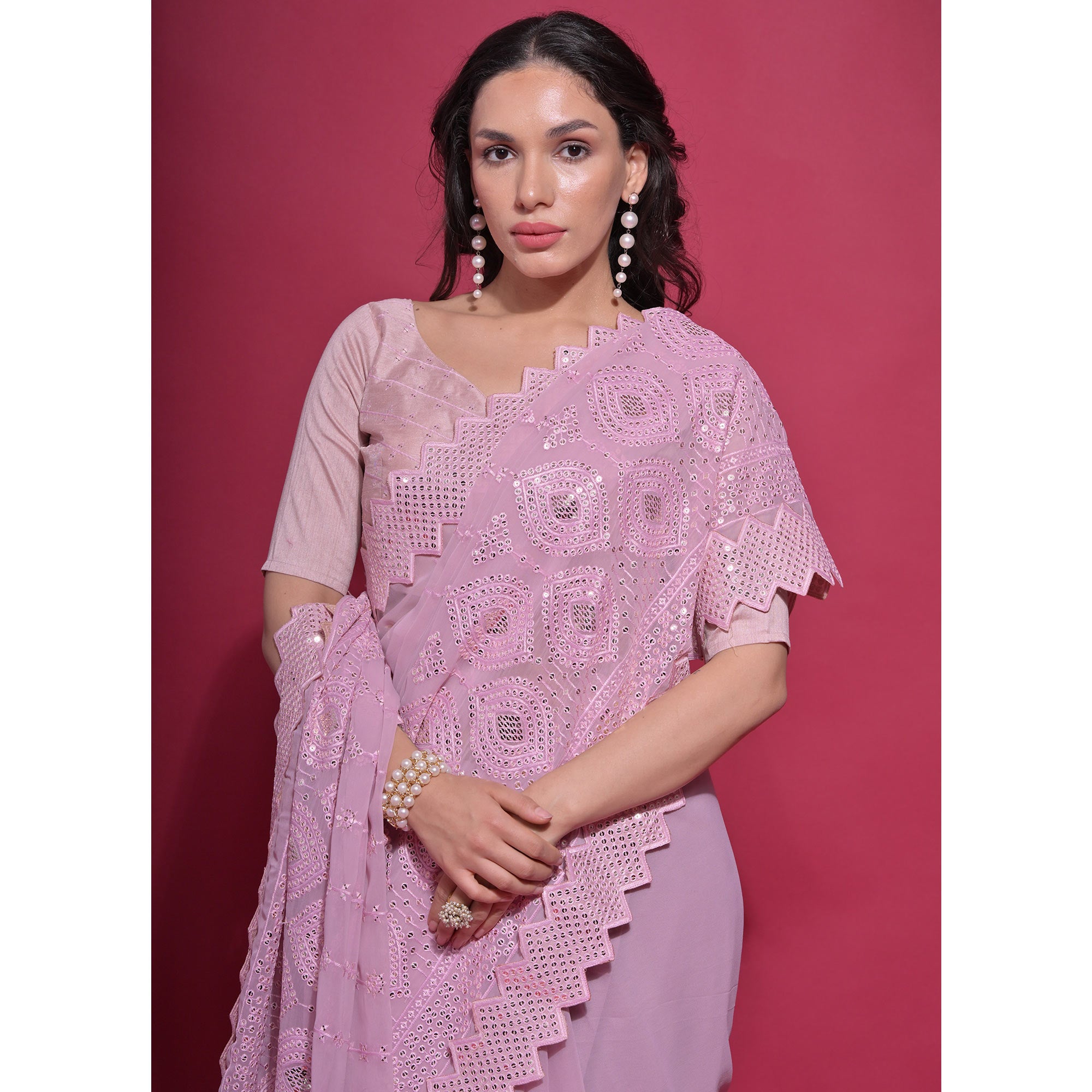 Pink Sequins Embroidered Georgette Saree