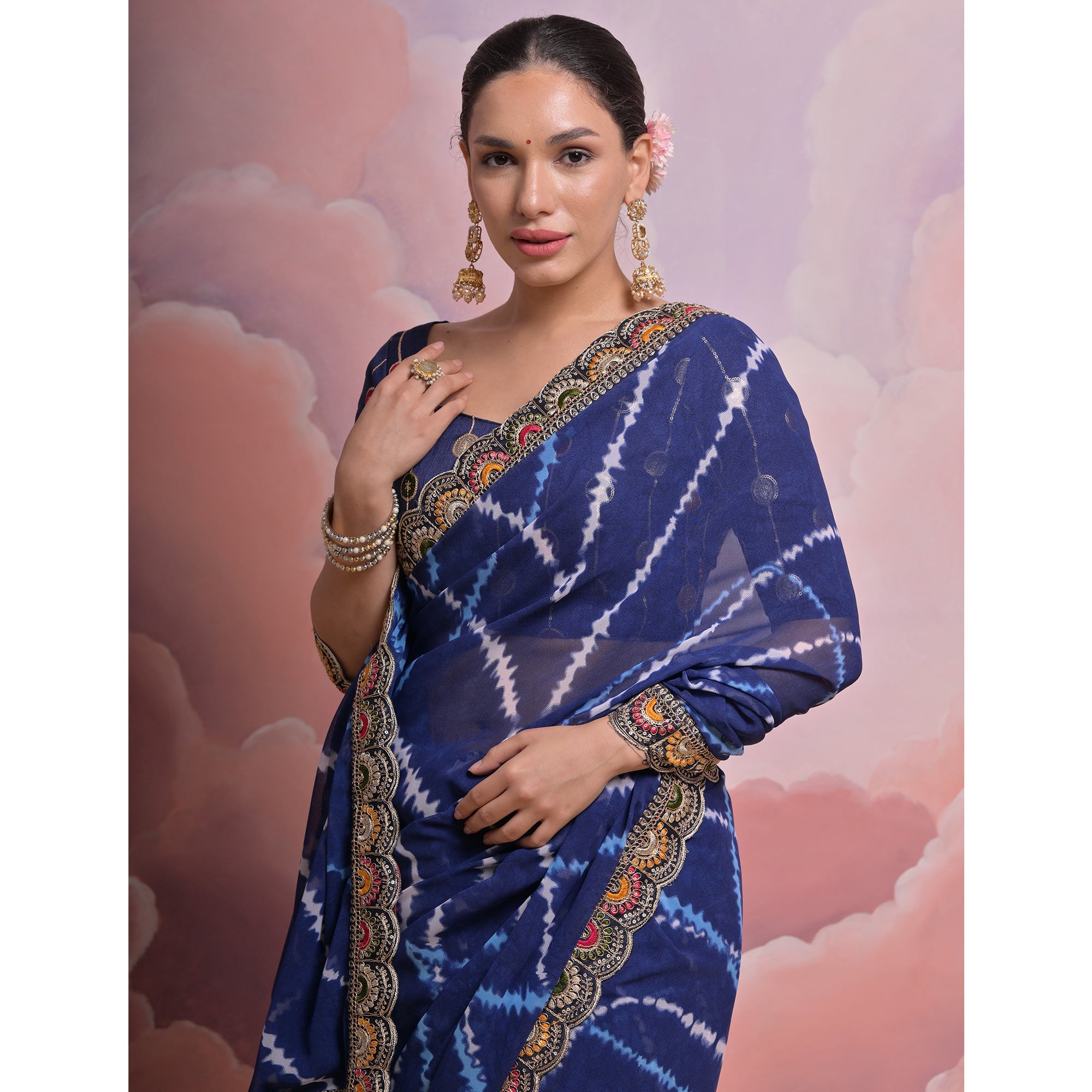 Blue  Printed With Embroidered Border Georgette Saree