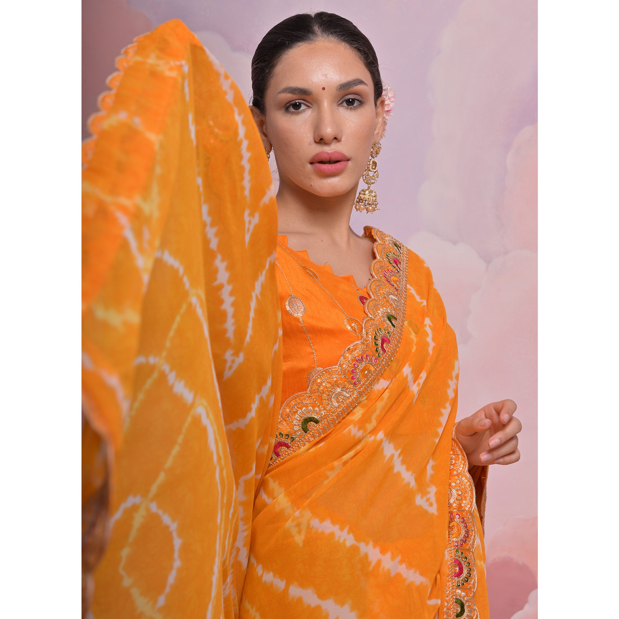 Yellow Printed With Embroidered Border Georgette Saree