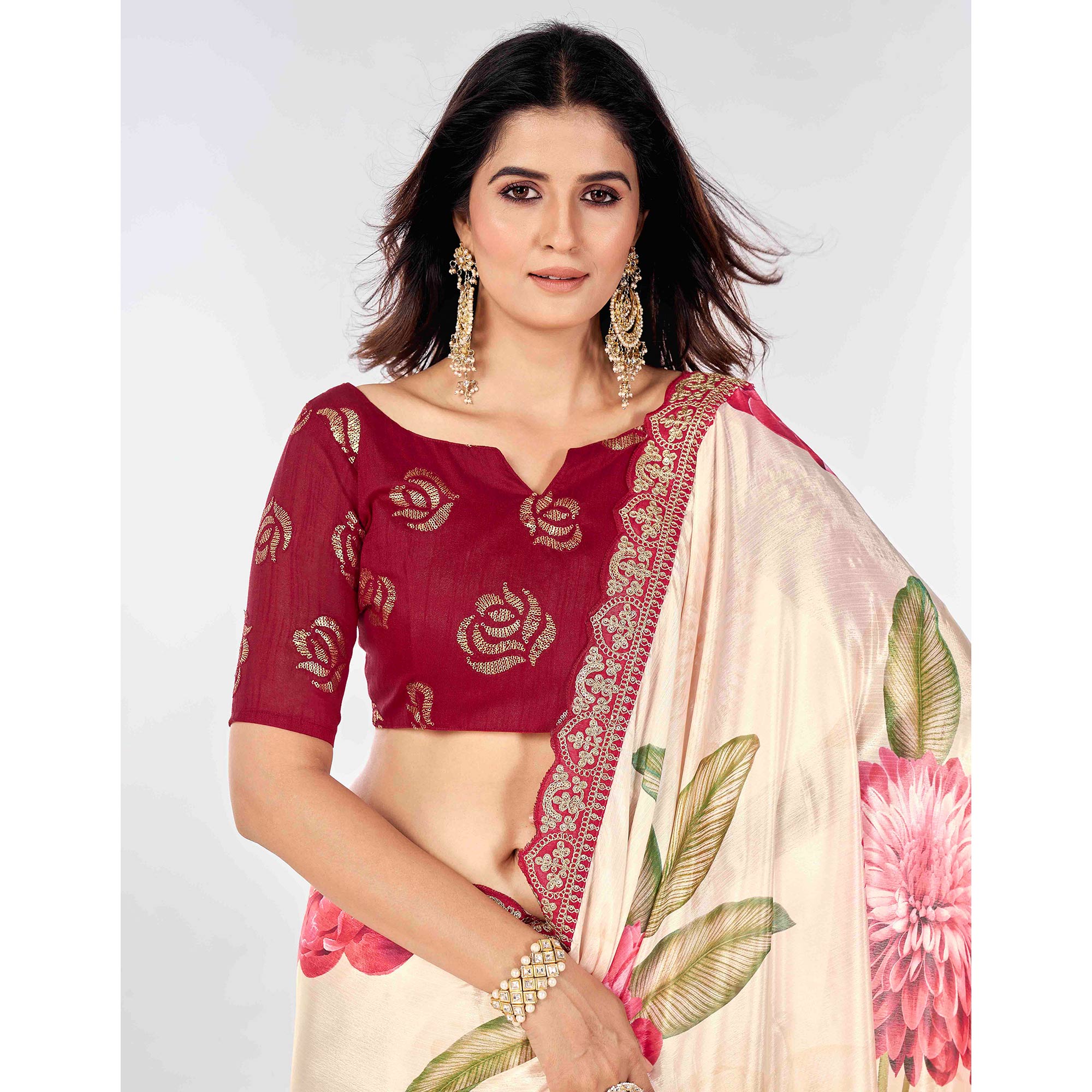 Off White Floral Printed Chinon Saree